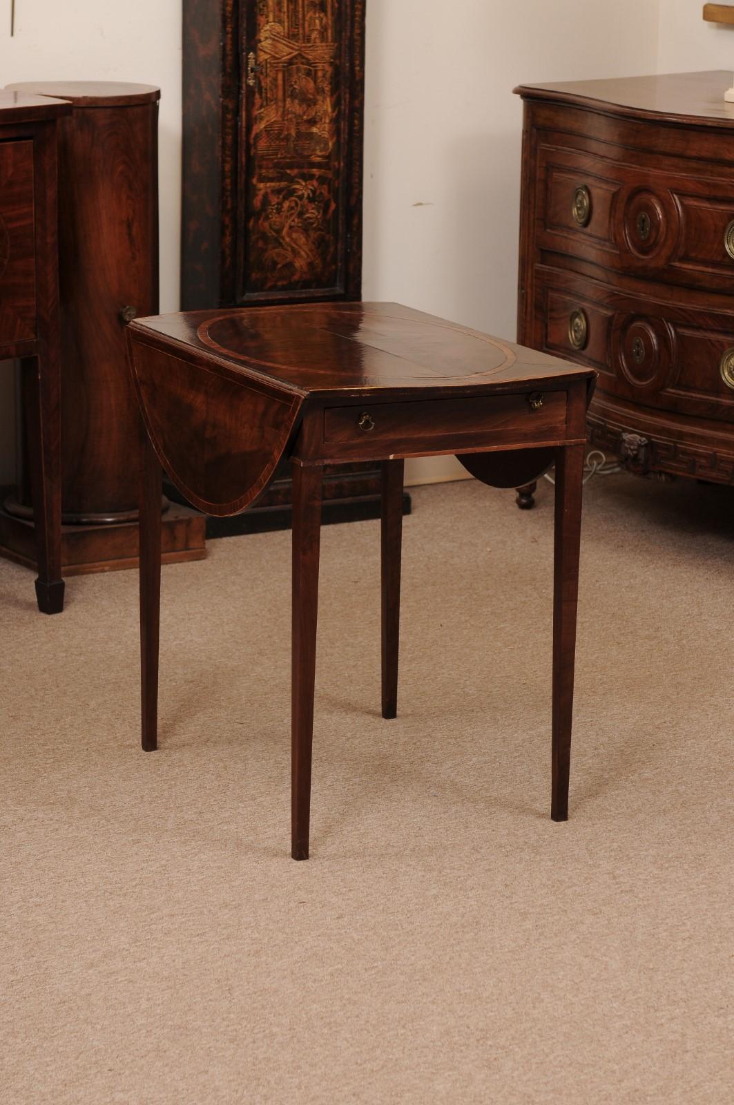 English George IIII Inlaid Mahogany Pembroke Table with 1 drawer & Oval Rosewood Cross-Banded Top, Ca. 1790