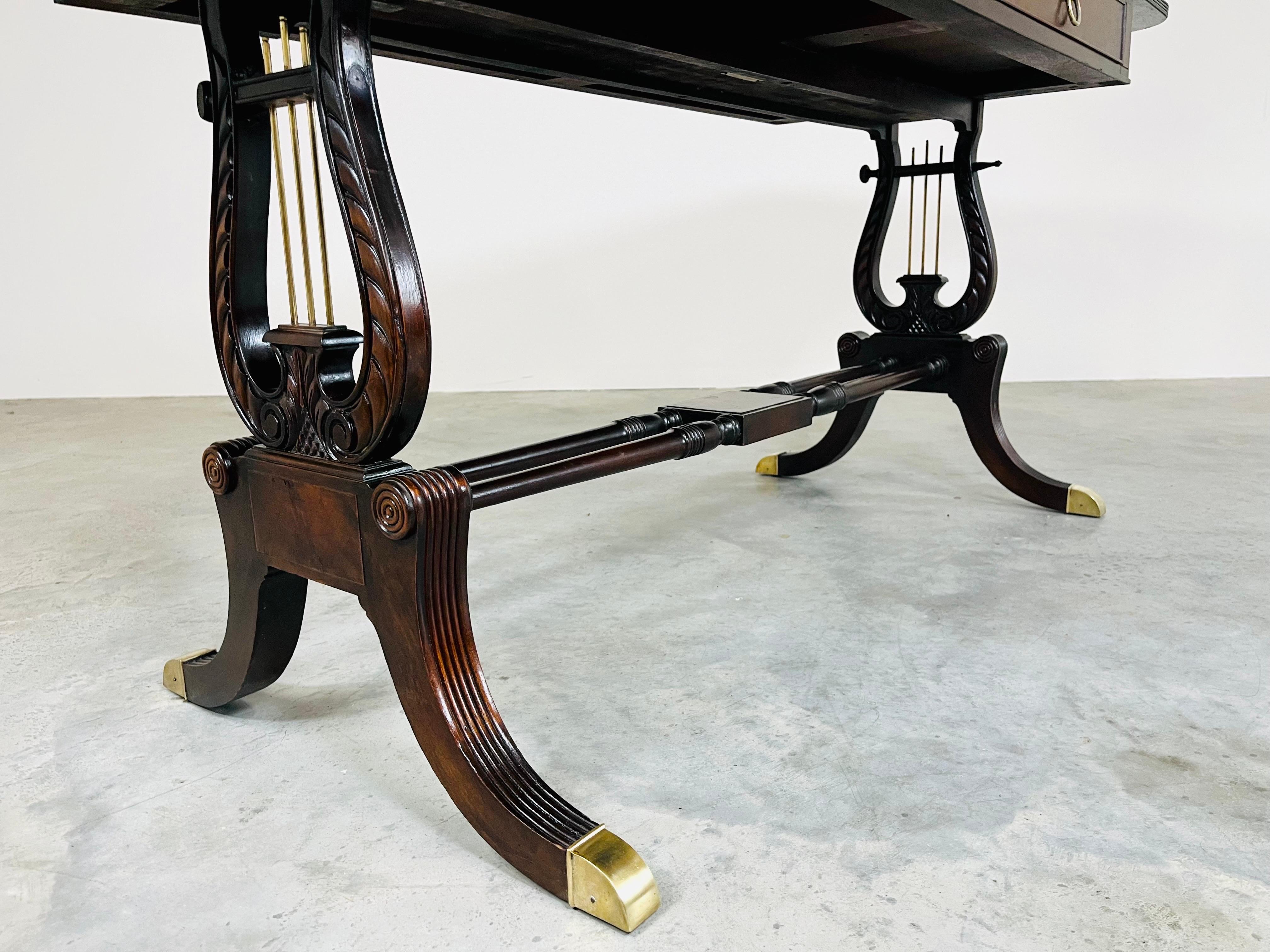 English George IV Parquetry Lyre Mahogany Regency Style Drop-Leaf Desk Table 4