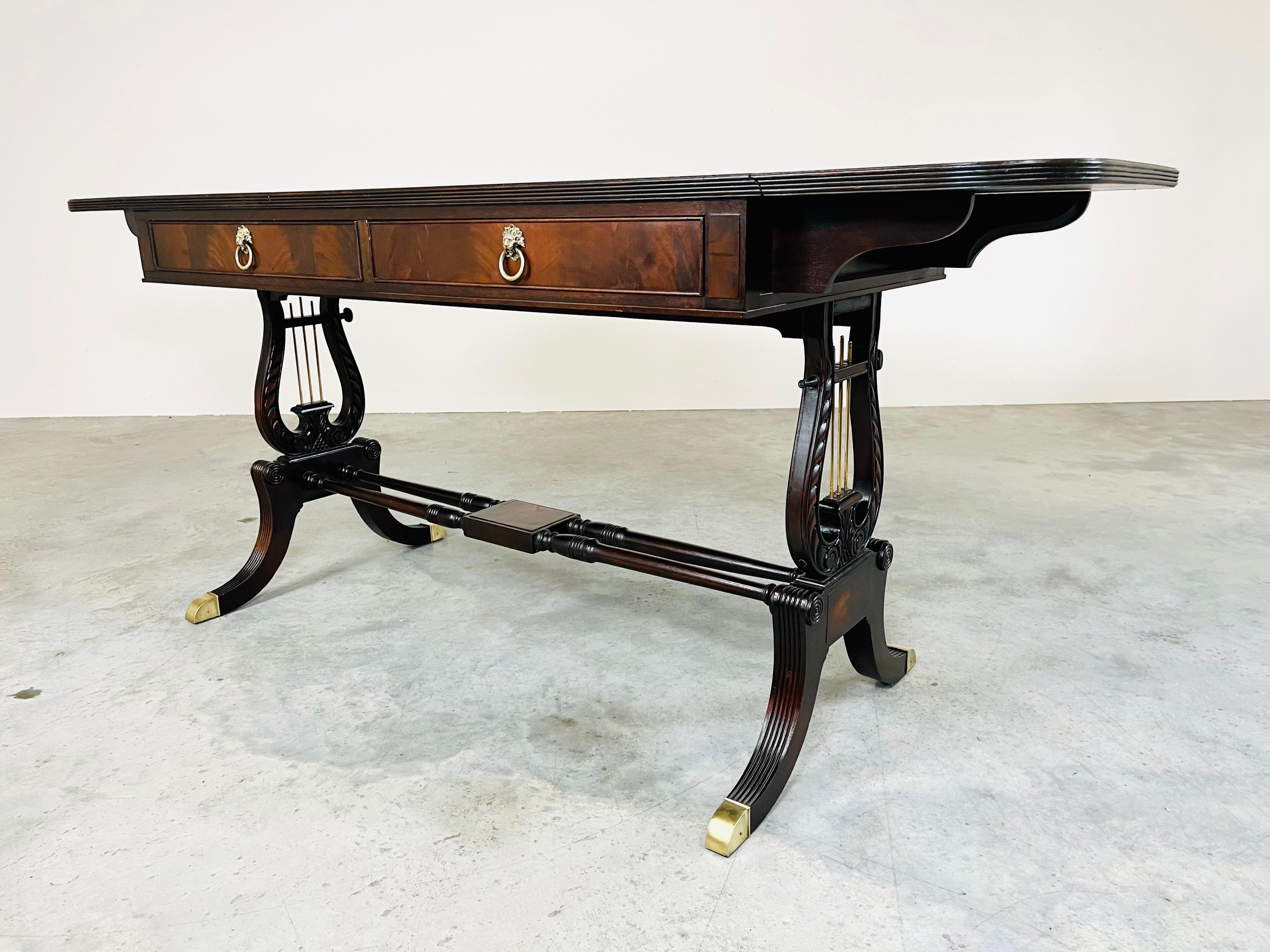 English George IV Parquetry Lyre Mahogany Regency Style Drop-Leaf Desk Table 5