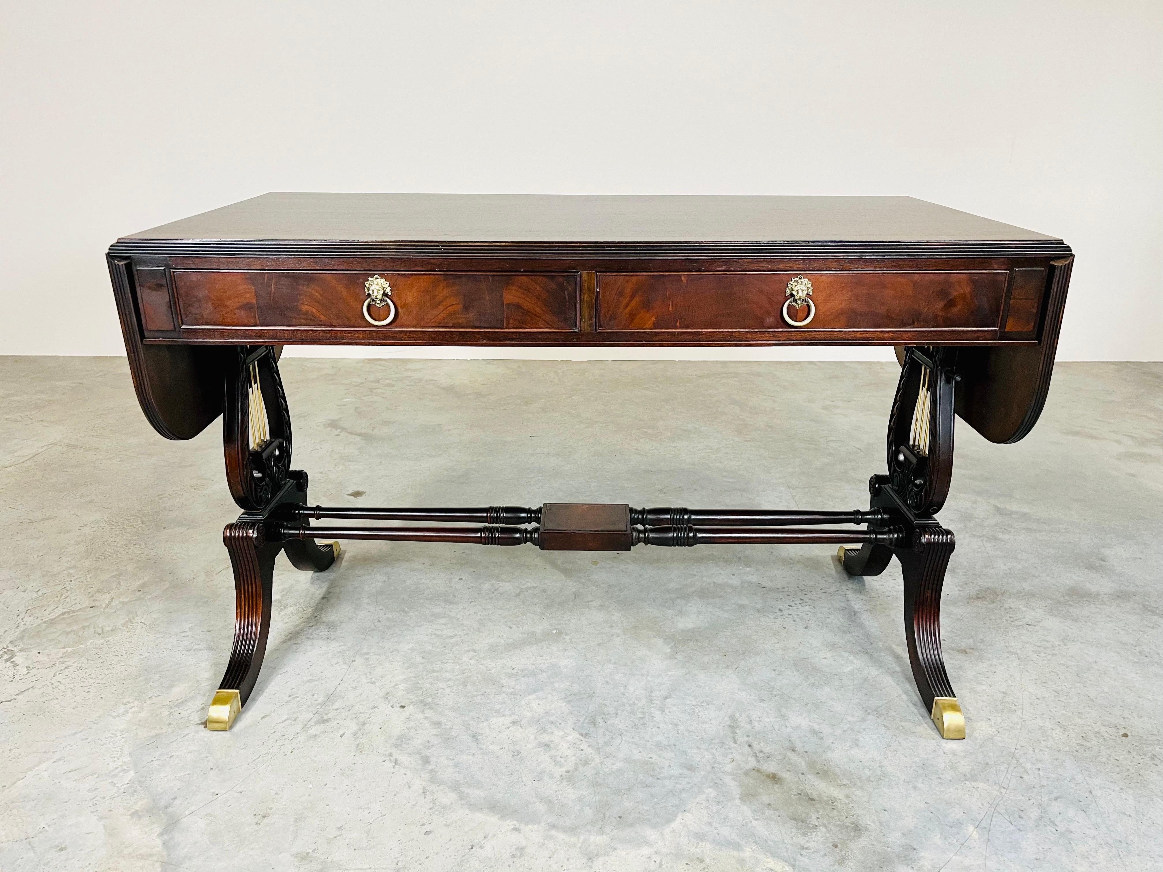 American English George IV Parquetry Lyre Mahogany Regency Style Drop-Leaf Desk Table