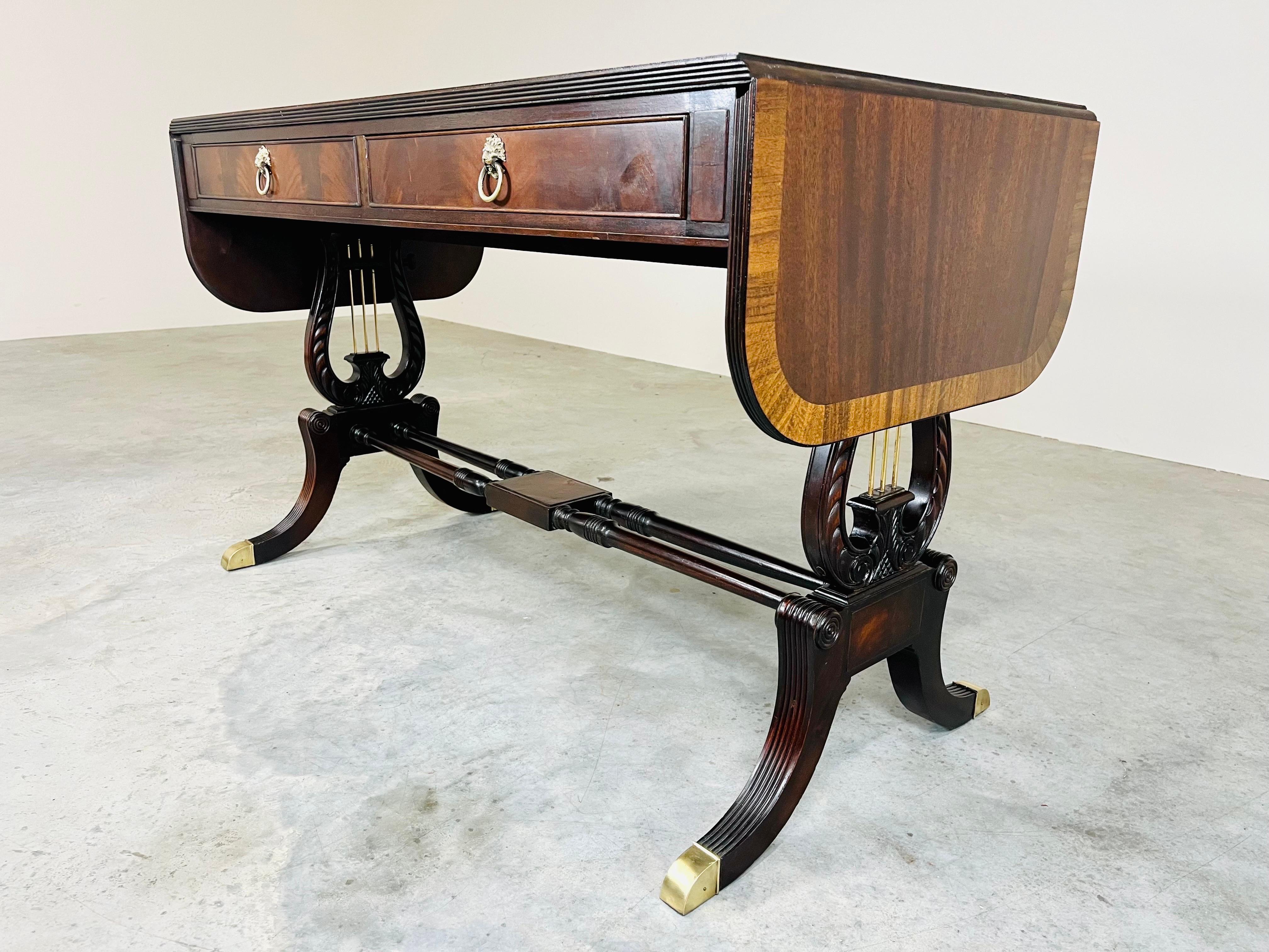 Hand-Carved English George IV Parquetry Lyre Mahogany Regency Style Drop-Leaf Desk Table