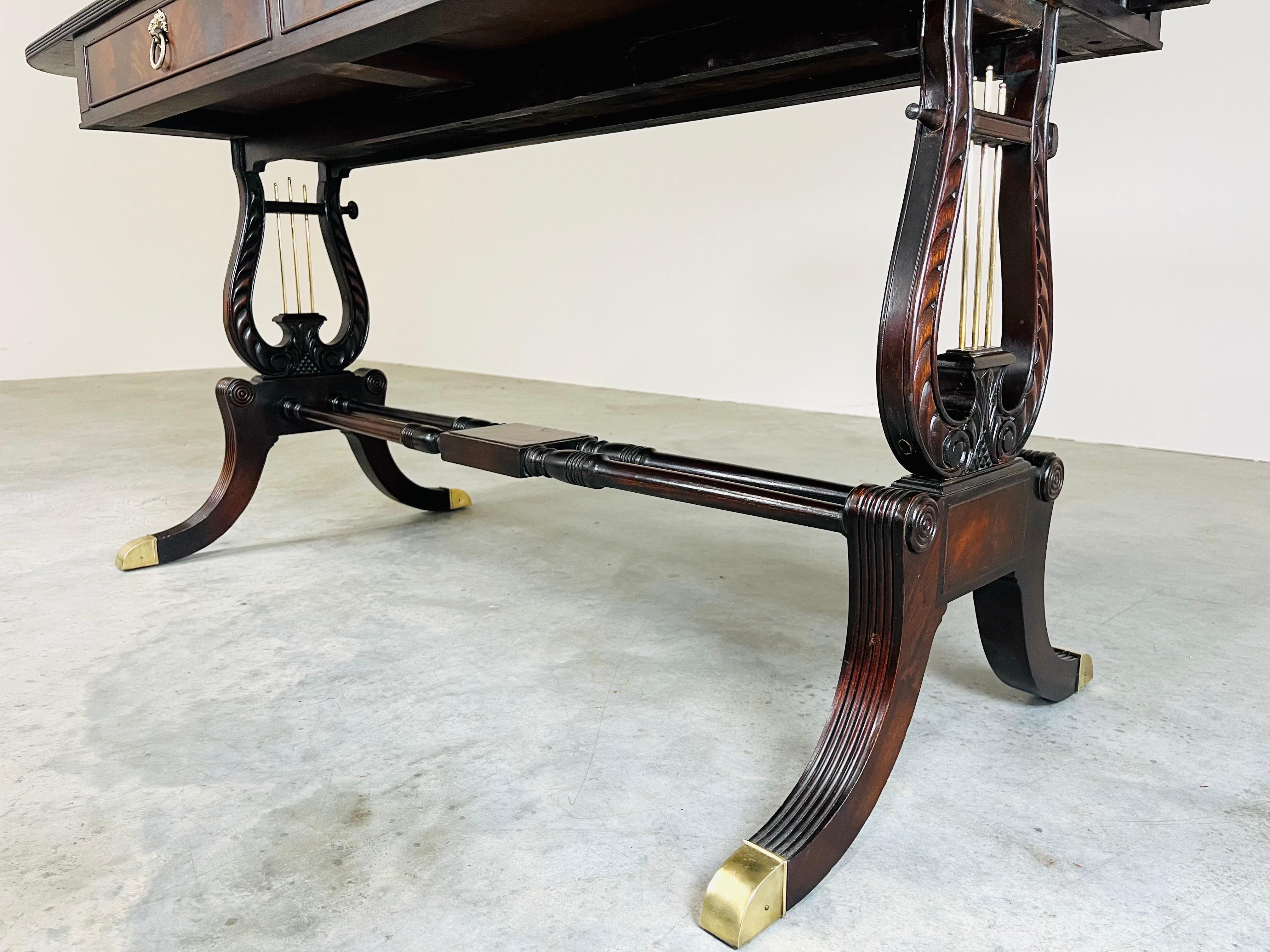 20th Century English George IV Parquetry Lyre Mahogany Regency Style Drop-Leaf Desk Table