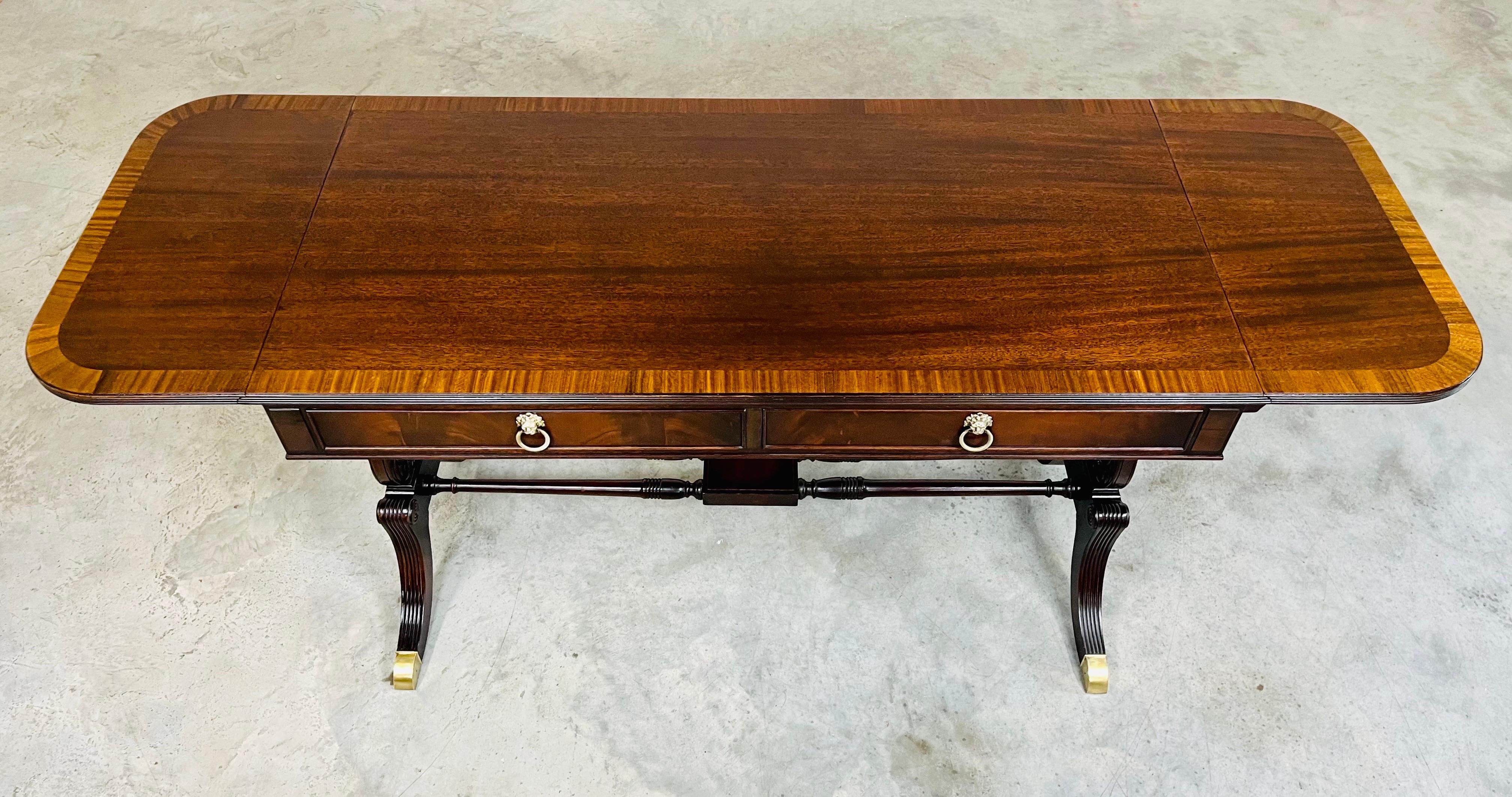 Brass English George IV Parquetry Lyre Mahogany Regency Style Drop-Leaf Desk Table