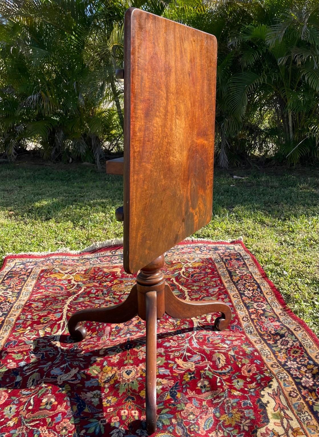 English George ll mahogany rectangulartripod tilt top tea table c.1790.

An exceptionally rare late 18th century mahogany rectangular tripod tilt-top table. The larger size qualifies it as a tea table. The top is resting upon a turned pedestal with