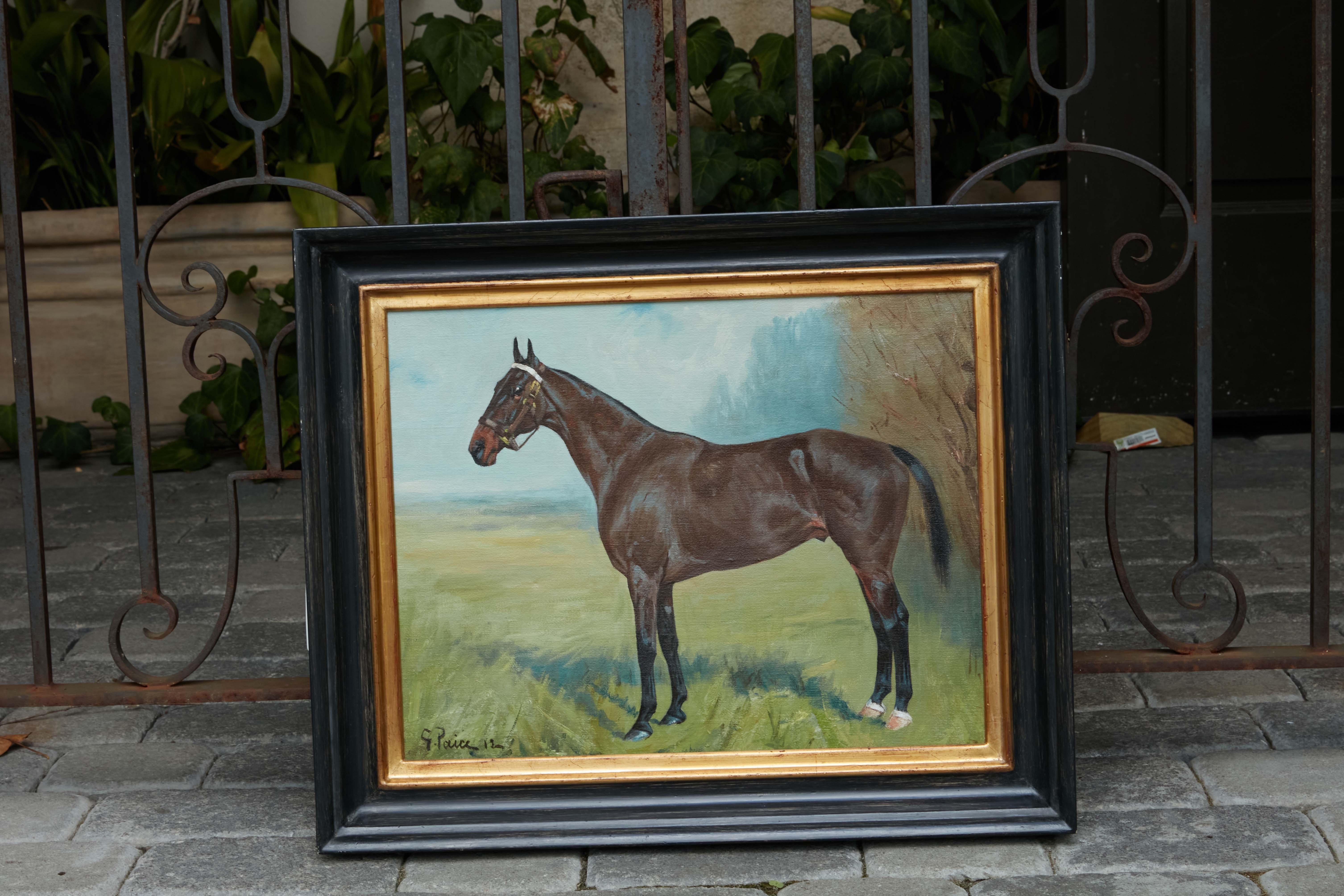 Hand-Painted English George Paice 1912 Oil on Canvas Equestrian Painting with Black Frame