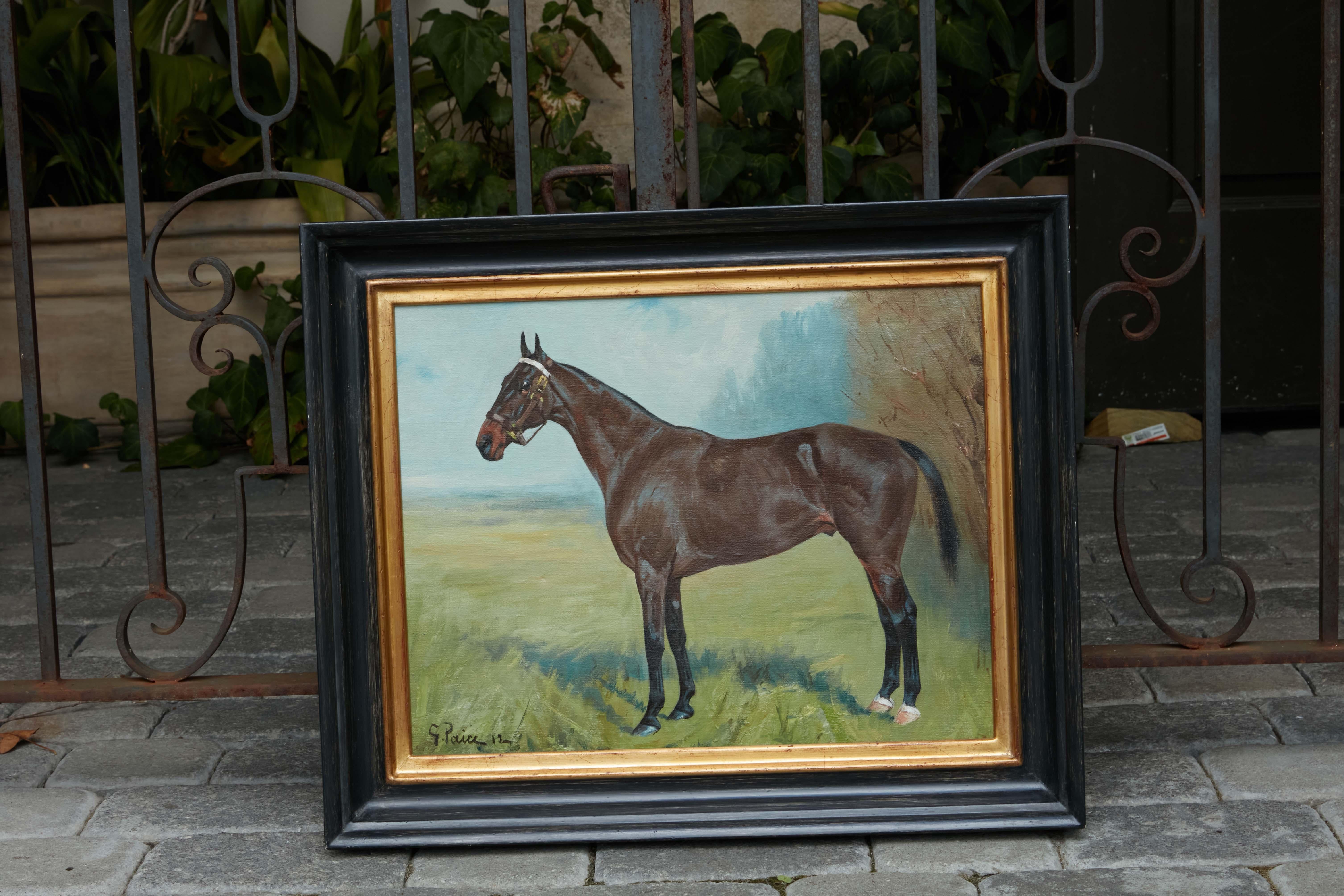 English George Paice 1912 Oil on Canvas Equestrian Painting with Black Frame In Good Condition In Atlanta, GA