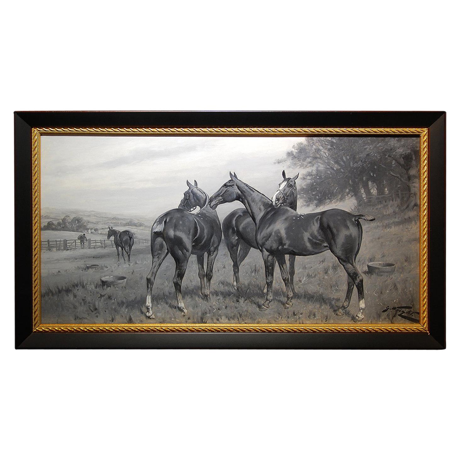 English George Wright Horses in a Field Original Oil Painting