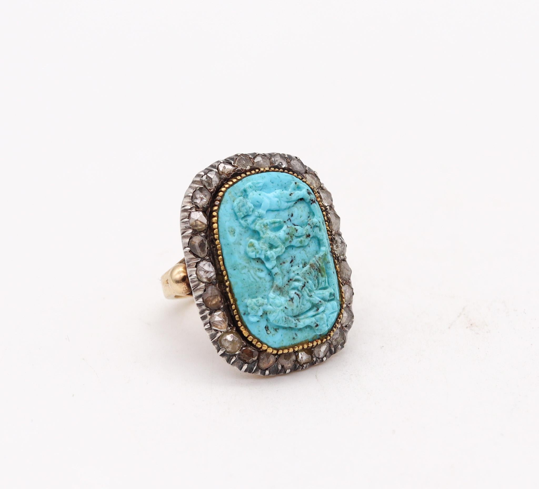Antique 18th century georgian ring with mythological scene.

Gorgeous piece of art, created in England back in the 18th century, circa 1780 during the British Georgian period. This rare ring was carefully crafted with beautiful mythological motifs