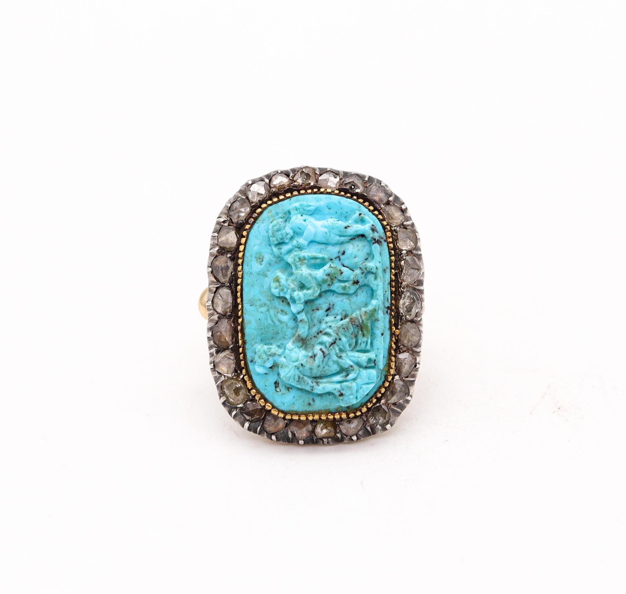 Rose Cut English Georgian 1780 Ring in 14 Kt Gold and Silver with Diamonds and Turquoise For Sale