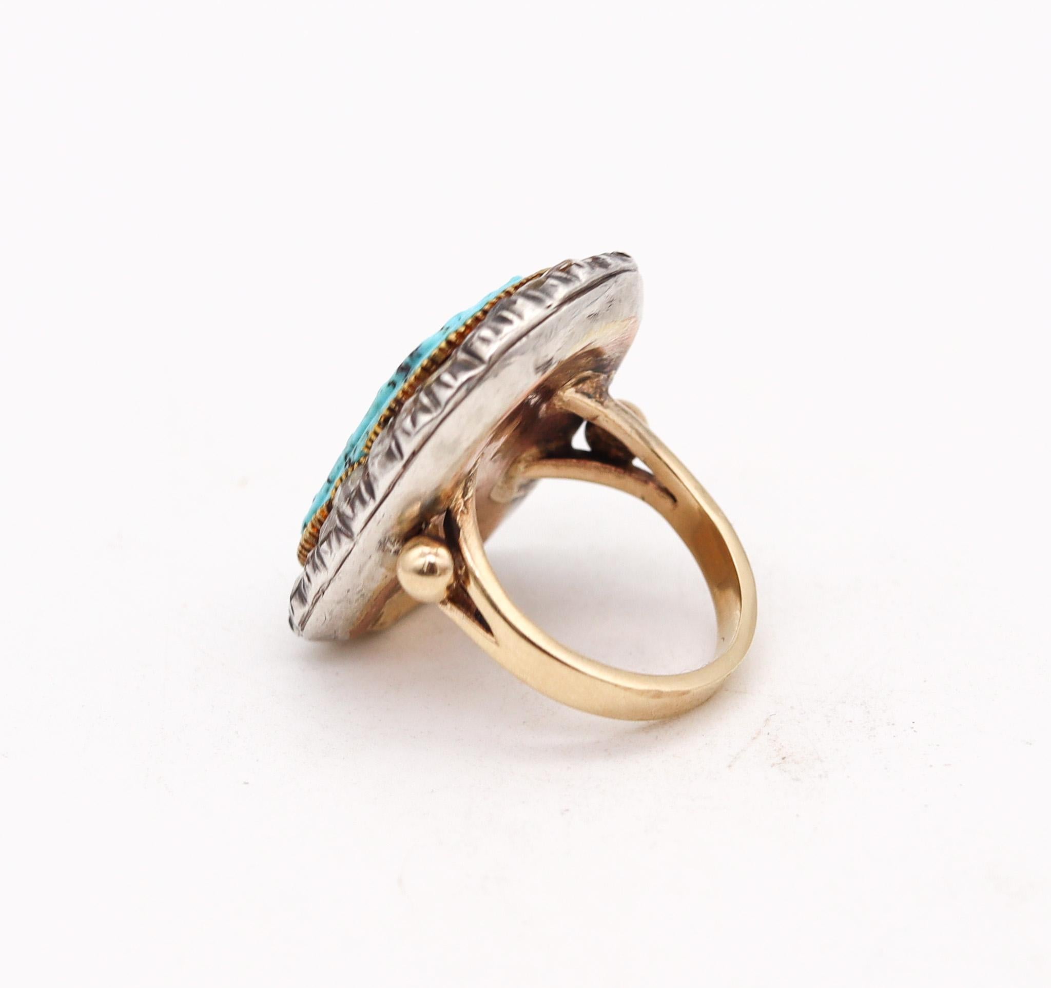 English Georgian 1780 Ring in 14 Kt Gold and Silver with Diamonds and Turquoise In Good Condition For Sale In Miami, FL