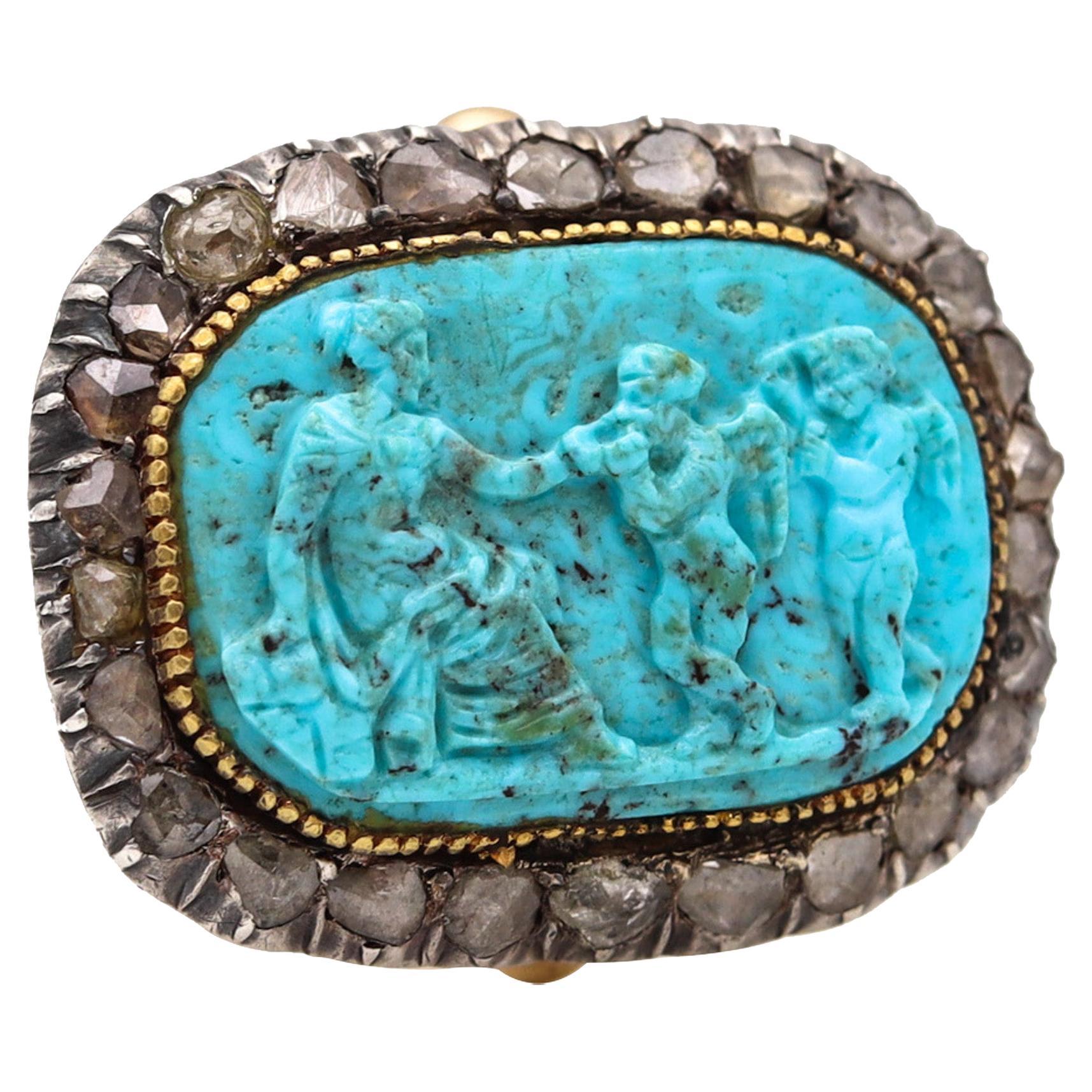 English Georgian 1780 Ring in 14 Kt Gold and Silver with Diamonds and Turquoise For Sale