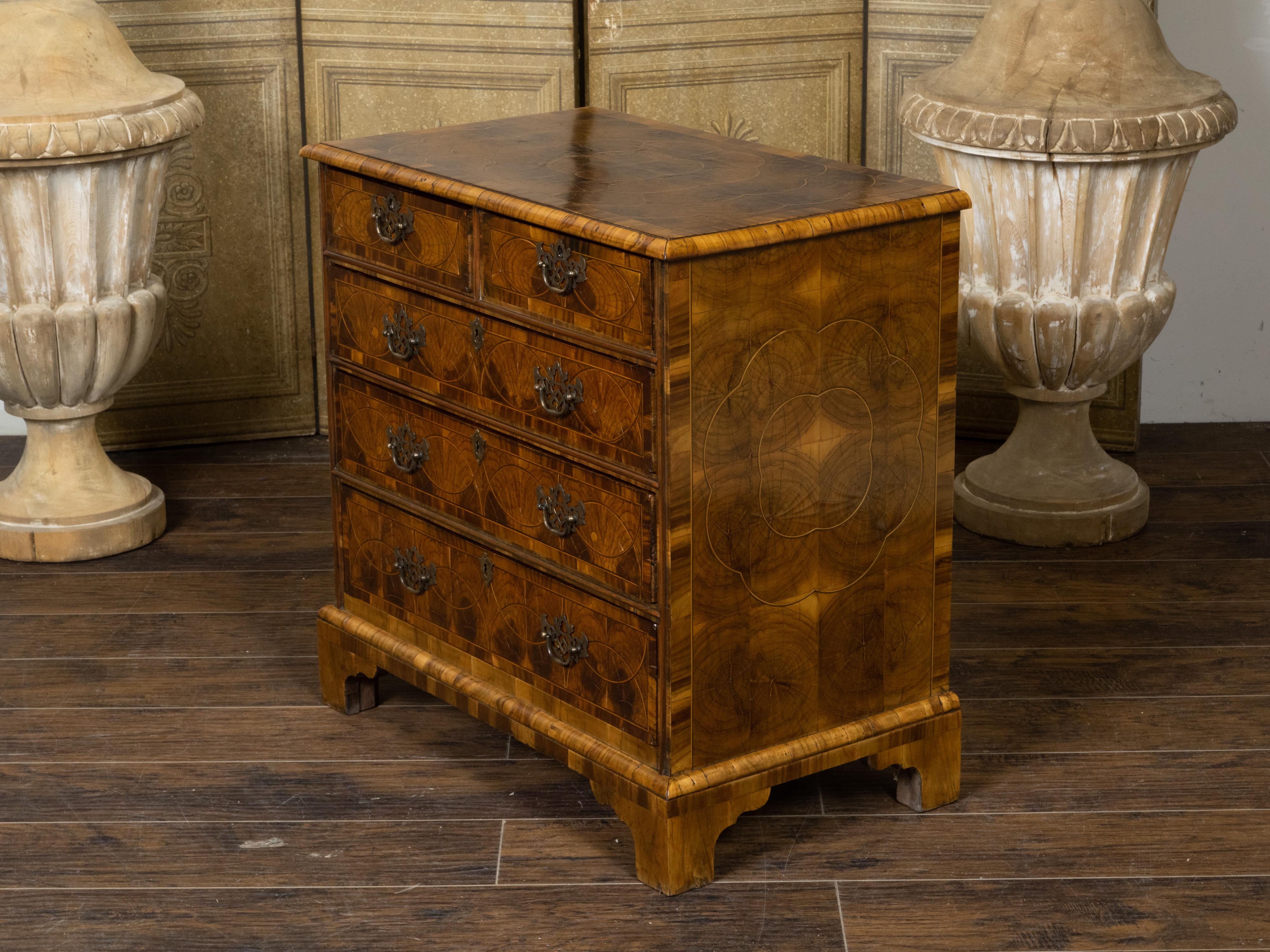 Cross-Banded English Georgian 1800s Five-Drawer Chest with Oyster Veneer and Cross Banding For Sale