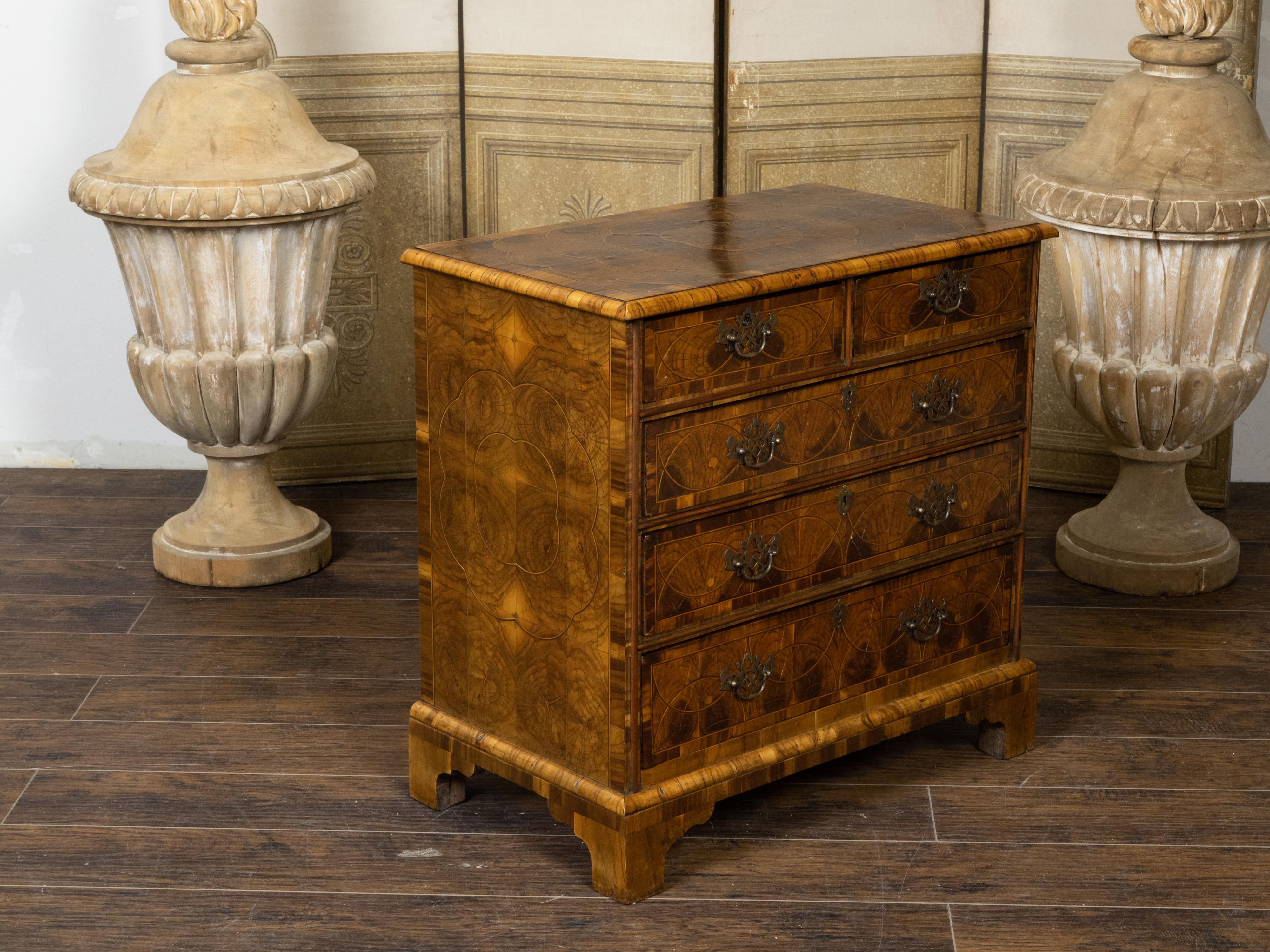 English Georgian 1800s Five-Drawer Chest with Oyster Veneer and Cross Banding For Sale 1