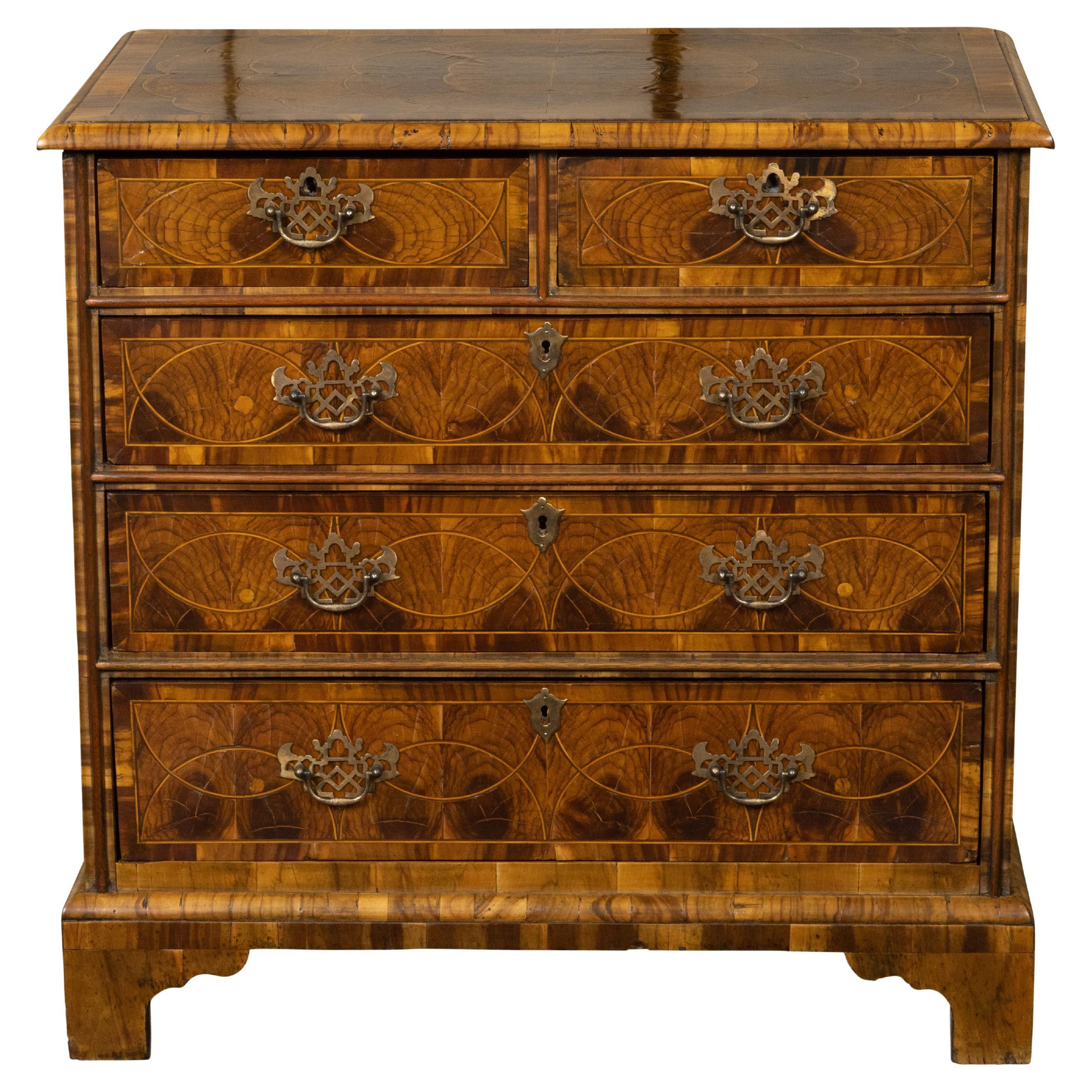 English Georgian 1800s Five-Drawer Chest with Oyster Veneer and Cross Banding