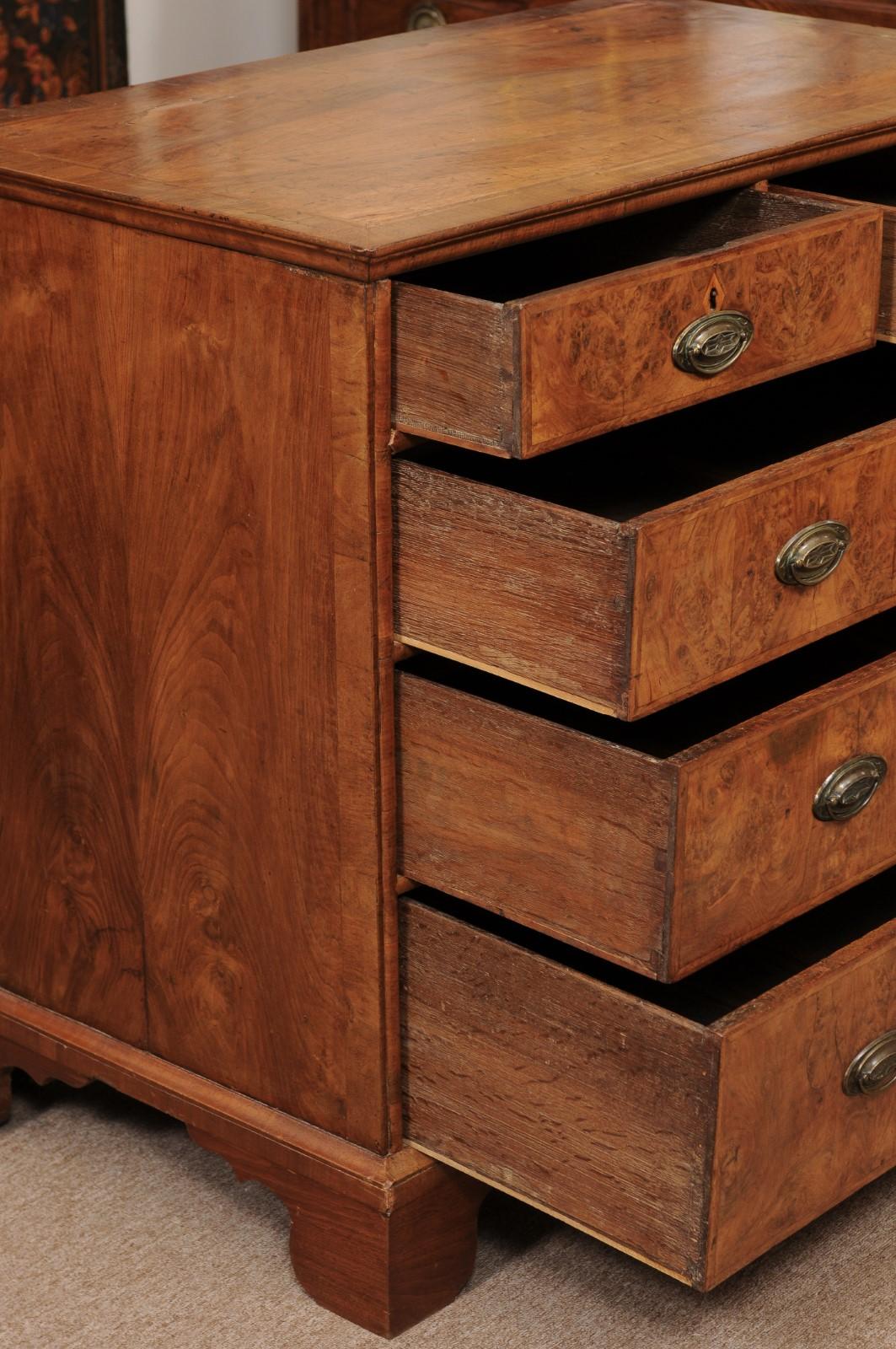 18th Century and Earlier English Georgian 18th Century Burled Walnut Chest with 5 Drawers