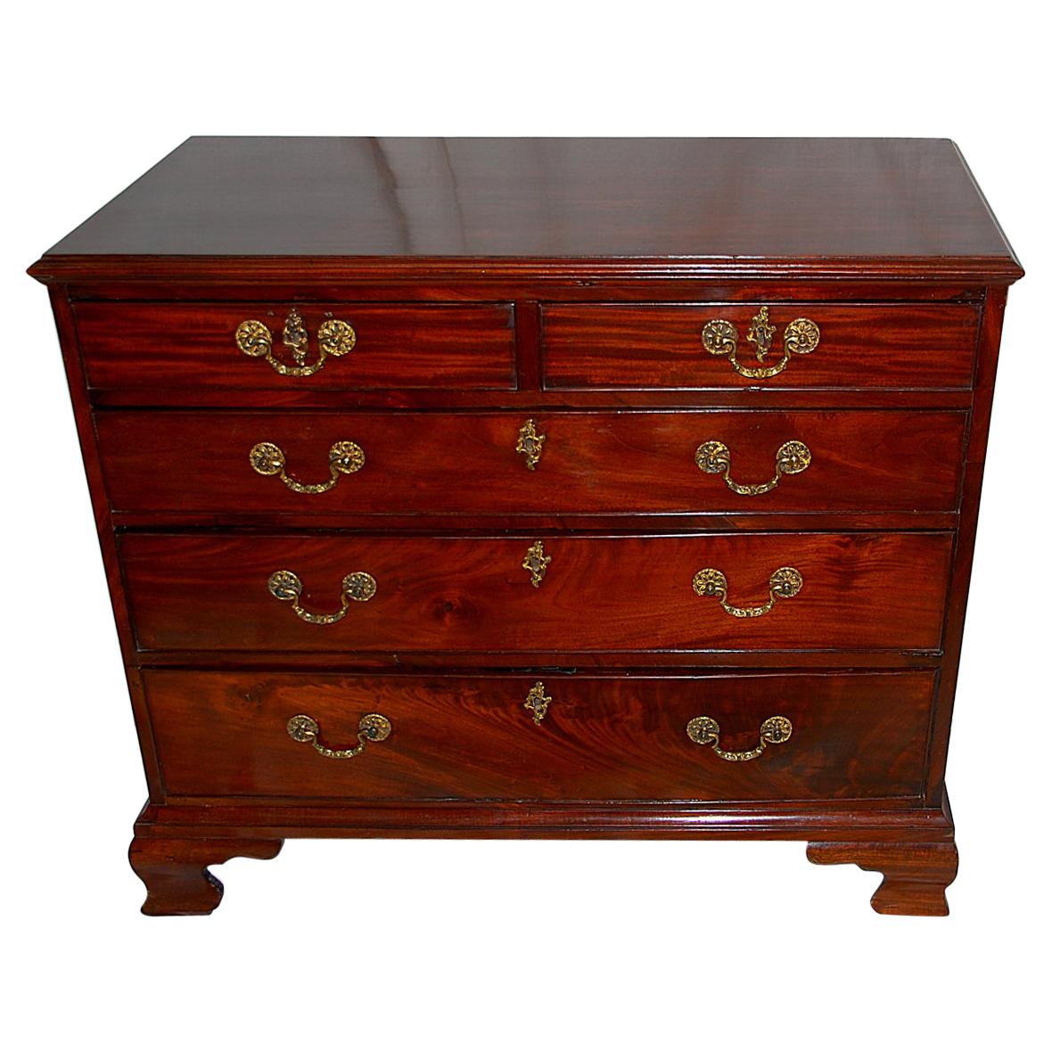 English Georgian 18th Century Chippendale Mahogany Chest of Five Drawers