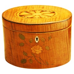 English Georgian 18th Century Oval Satinwood Tea Caddy with Floral Inlays