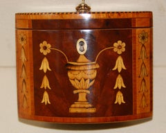 English Georgian 18th Century Oval Tea Caddy with Urn, Flower & Husk Inlays