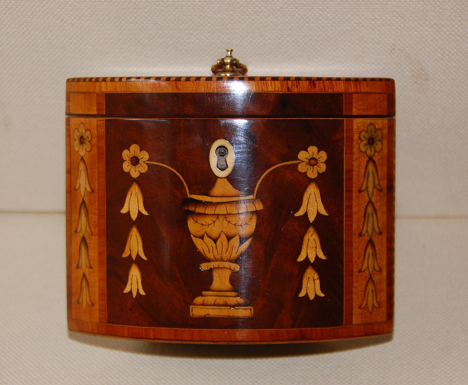 George III English Georgian 18th Century Oval Tea Caddy with Urn, Flower & Husk Inlays