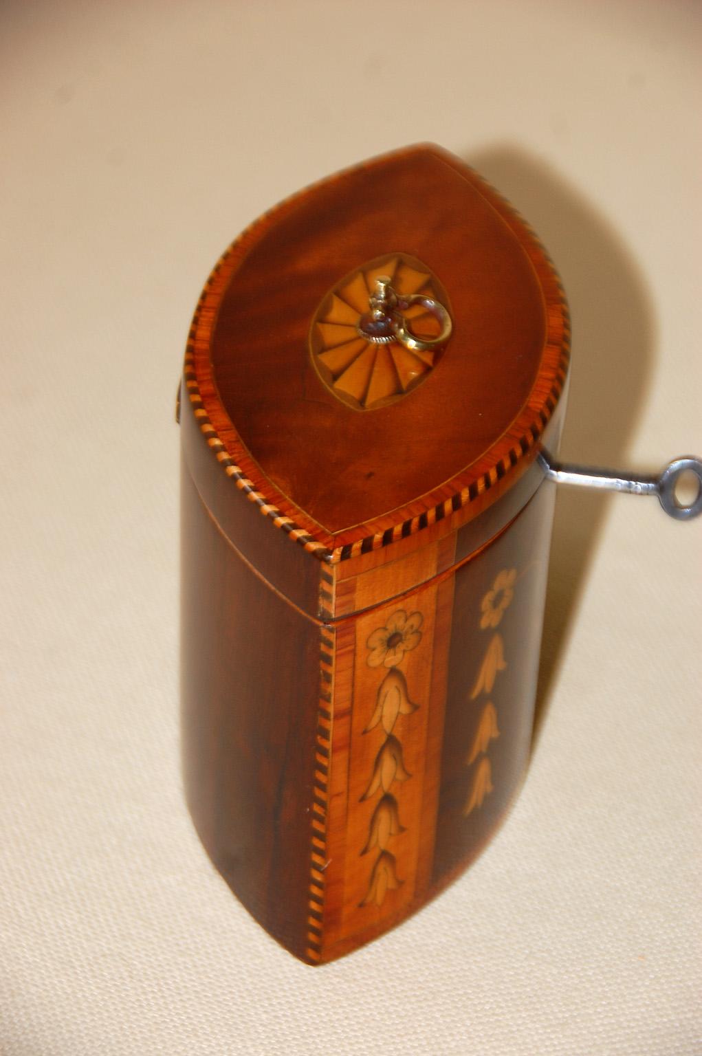 English Georgian 18th Century Oval Tea Caddy with Urn, Flower & Husk Inlays In Good Condition In Wells, ME