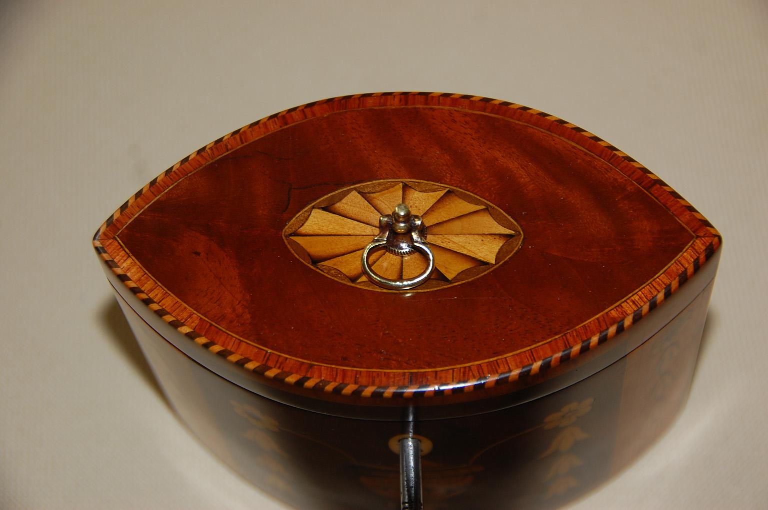 Mahogany English Georgian 18th Century Oval Tea Caddy with Urn, Flower & Husk Inlays