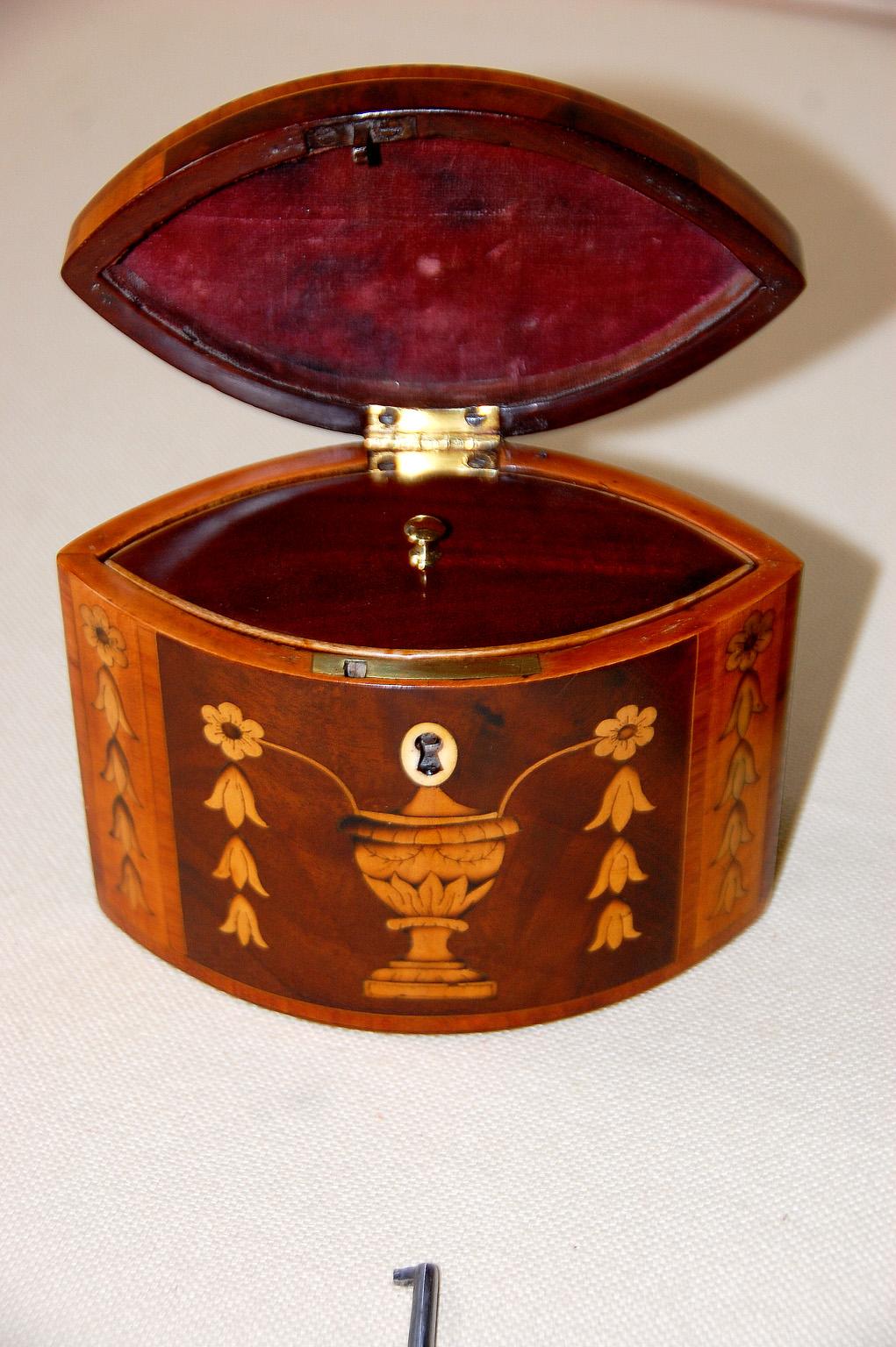 English Georgian 18th Century Oval Tea Caddy with Urn, Flower & Husk Inlays 1