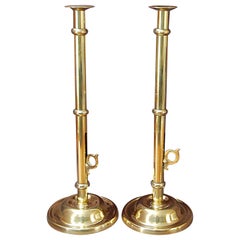 English Georgian Tall Brass Candlesticks Exterior Ejection Mechanism