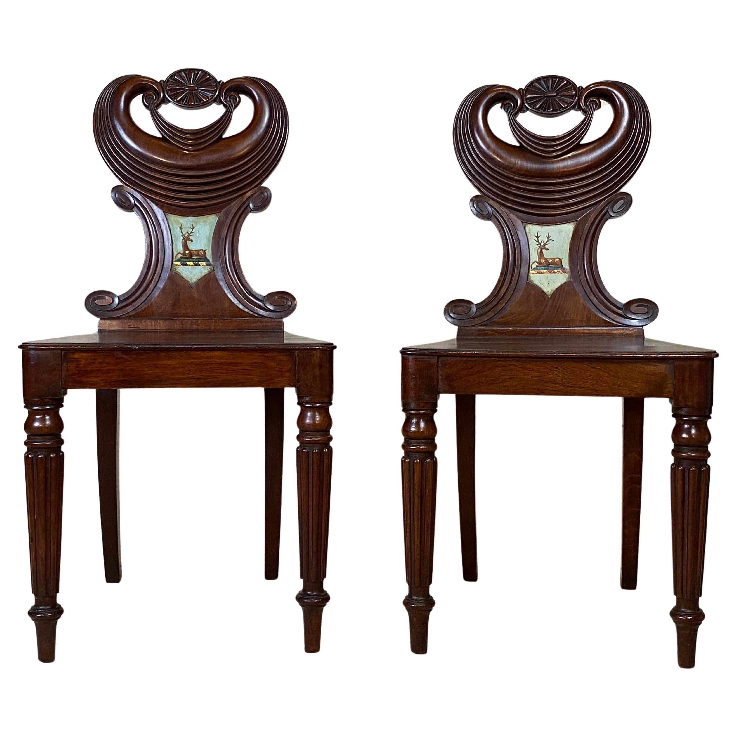 English Georgian Armorial Hall Chairs Attributed to Gillows, Circa 1810