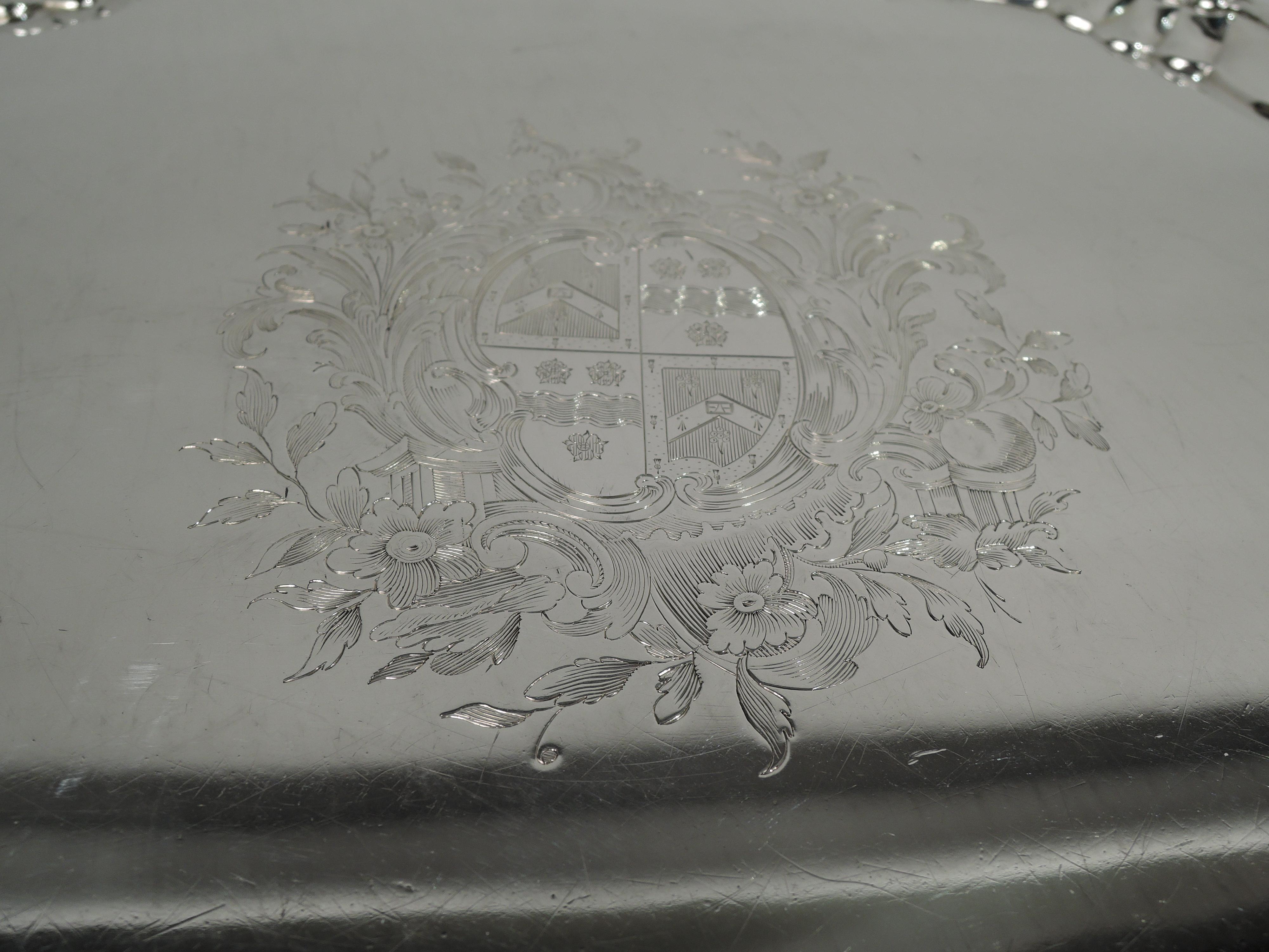 Sterling Silver English Georgian Armorial Piecrust Shell Salver by Abercromby, 1741 For Sale