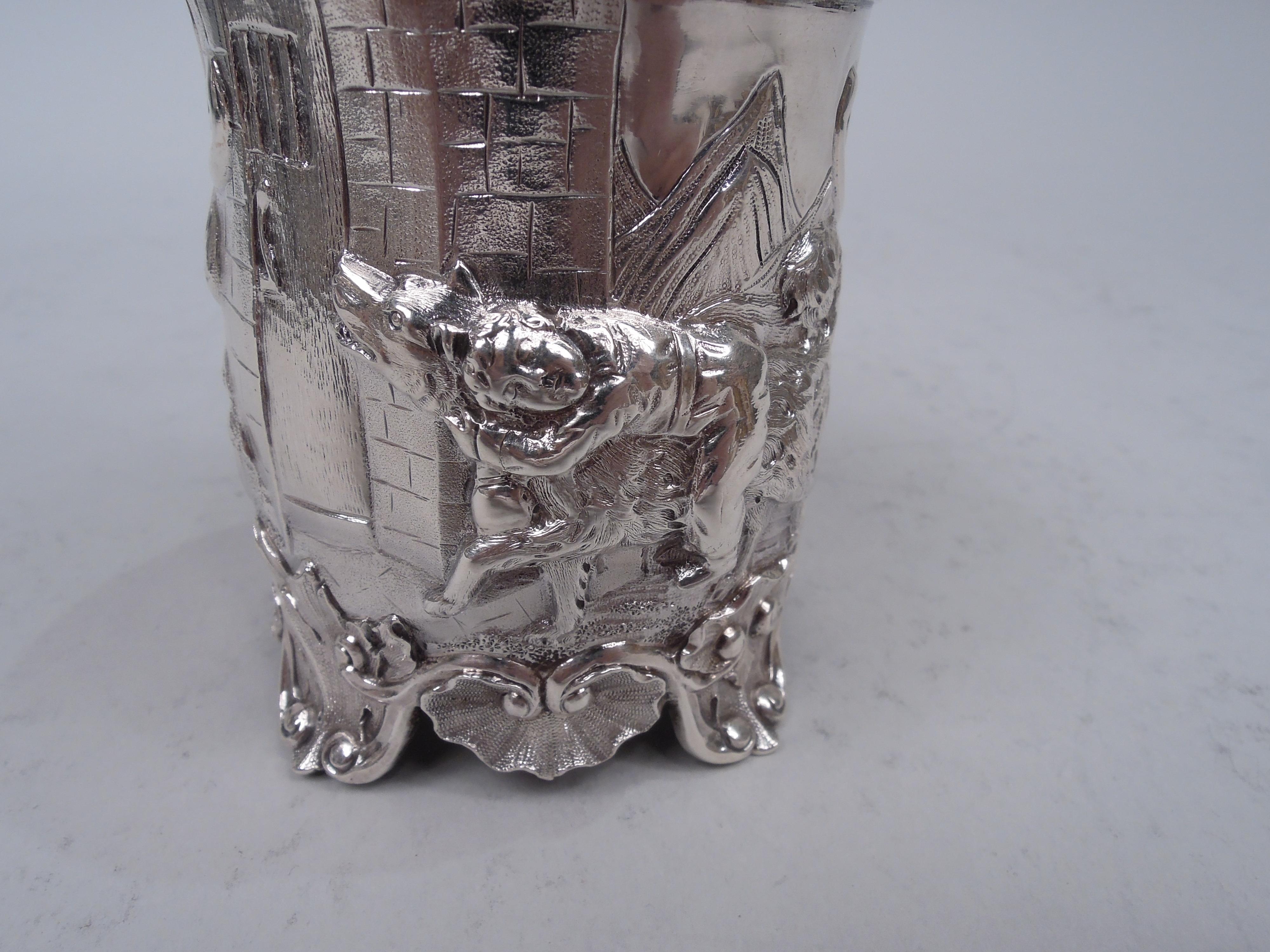 Sterling Silver English Georgian Baby Cup with Iconic Swiss Alps Rescue Dog Scene For Sale