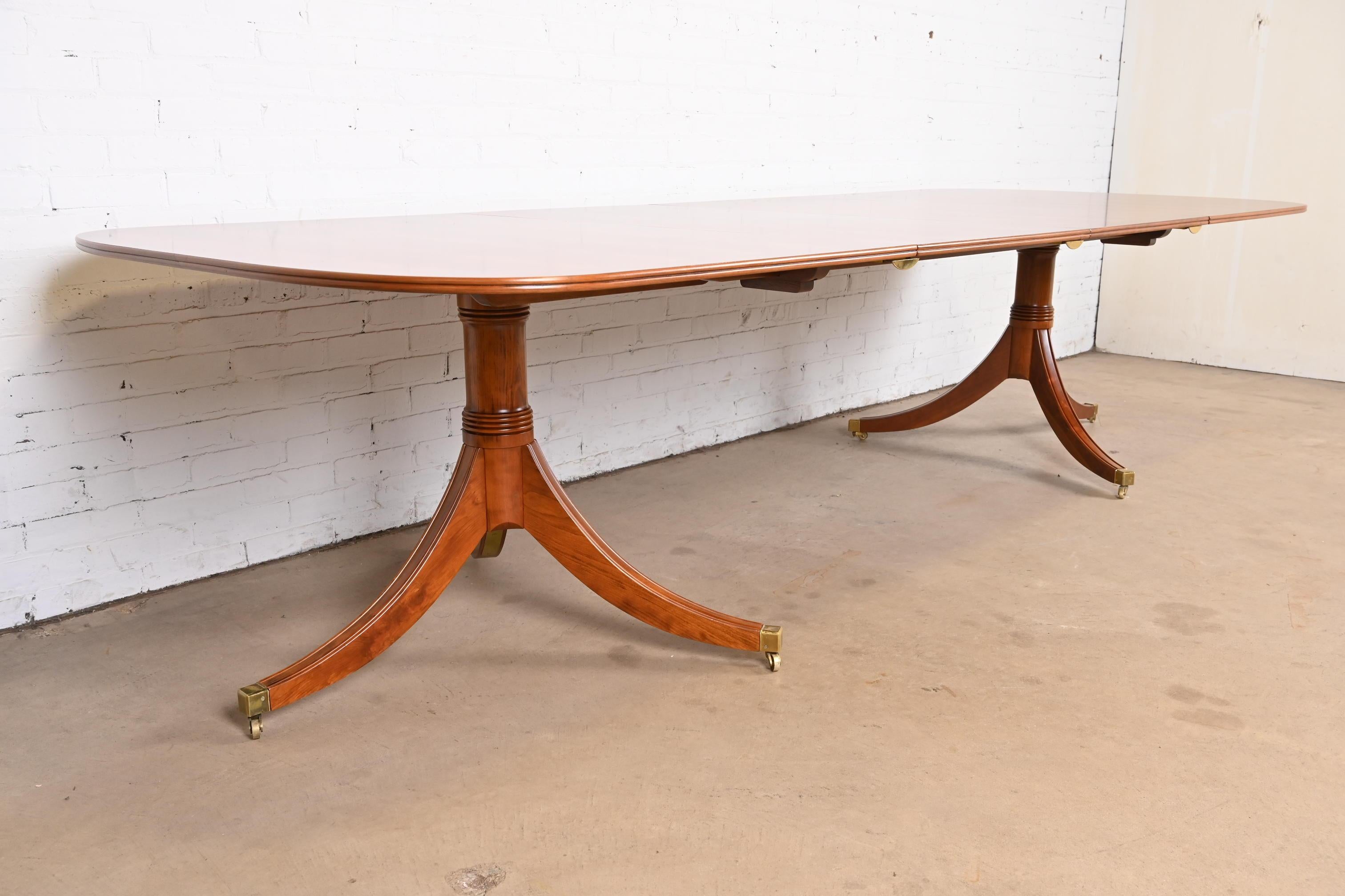 Brass English Georgian Banded Yew Wood Double Pedestal Dining Table, Newly Refinished For Sale