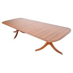 English Georgian Banded Yew Wood Double Pedestal Dining Table, Newly Refinished