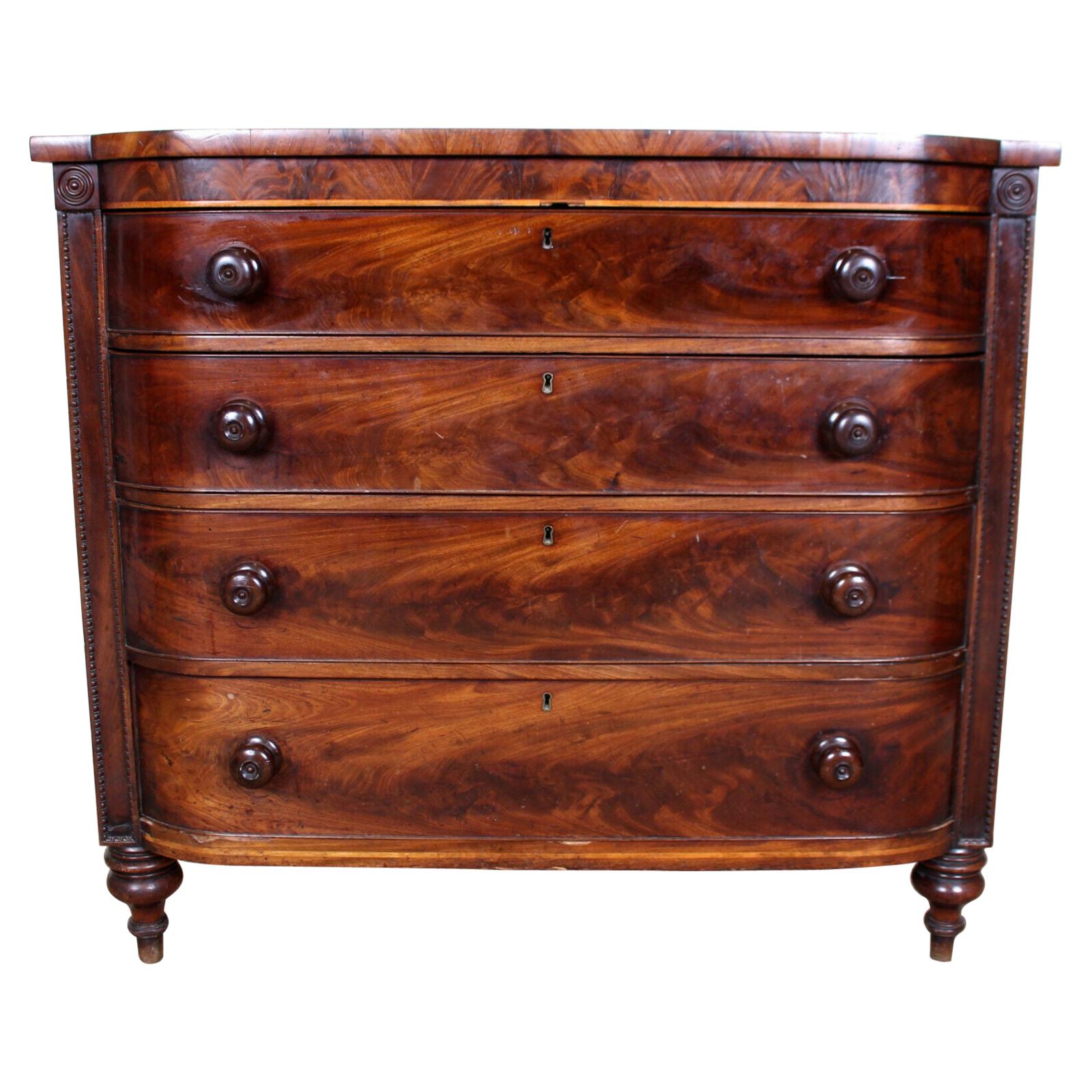 English Georgian Bowfront Chest of Drawers George IV Flamed Mahogany For Sale