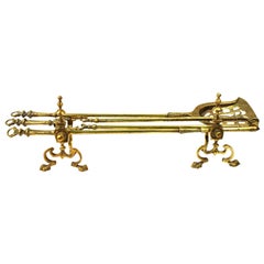Used English Georgian Brass Firedogs and Fireplace Tool Set