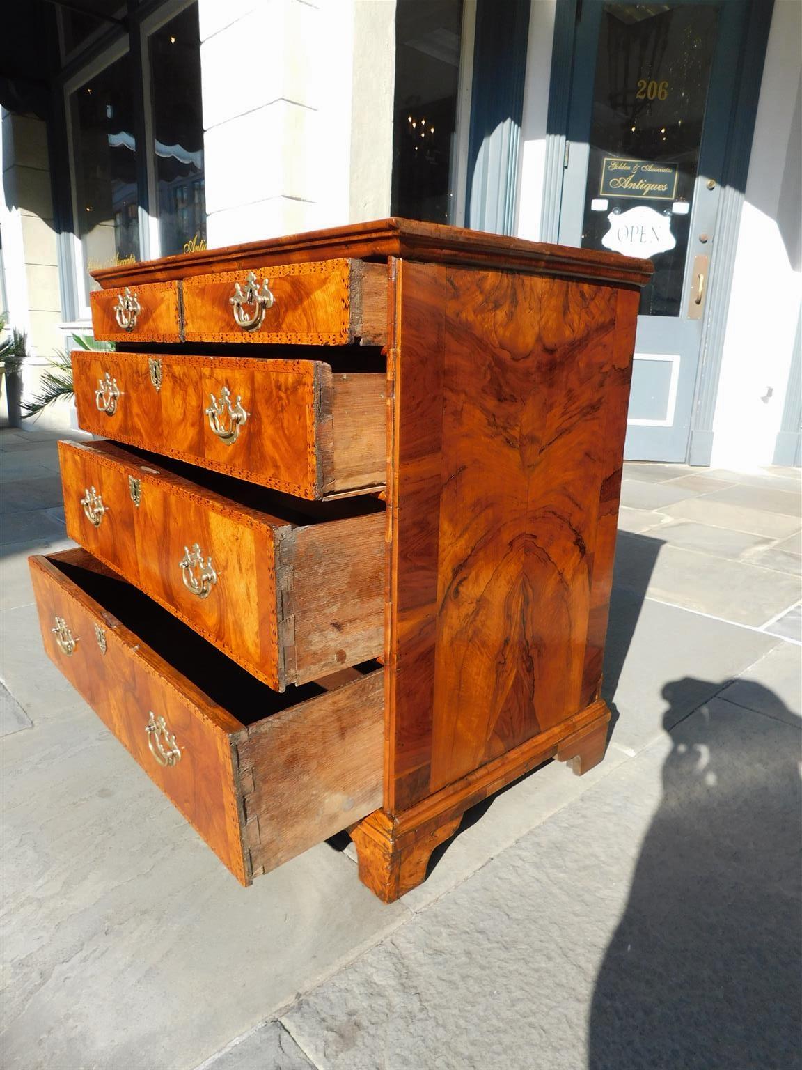 English Georgian Burl Walnut Satinwood Inlaid Graduated Chest of Drawers C 1750 For Sale 5