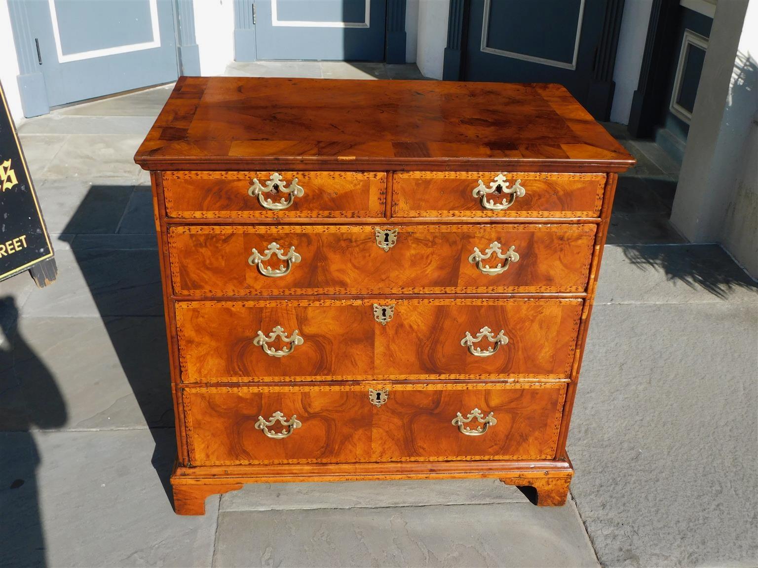Hand-Carved English Georgian Burl Walnut Satinwood Inlaid Graduated Chest of Drawers C 1750 For Sale