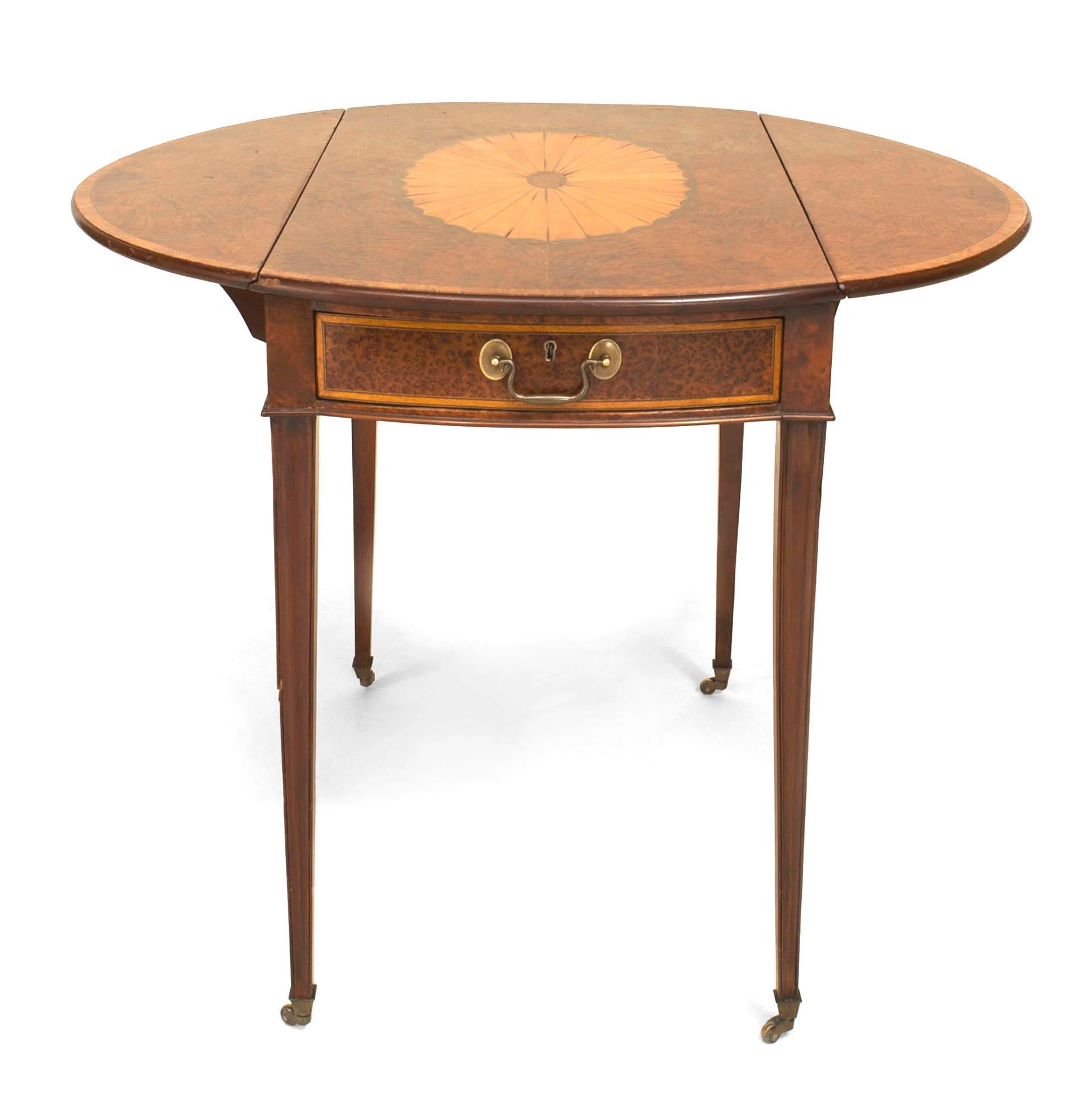 English Georgian (18th century) burl wood Pembroke table with a satinwood and inlaid oval center medallion on top with a banded burl yew wood edge (9