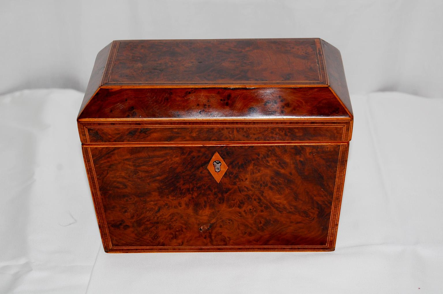 

 English Georgian burl yew coffered top double tea caddy.  The burl yew is accented with delicate line inlay in satinwood and with kingwood crossbanding.  When open the two lidded compartments for tea are revealed.  The coffered top and angled