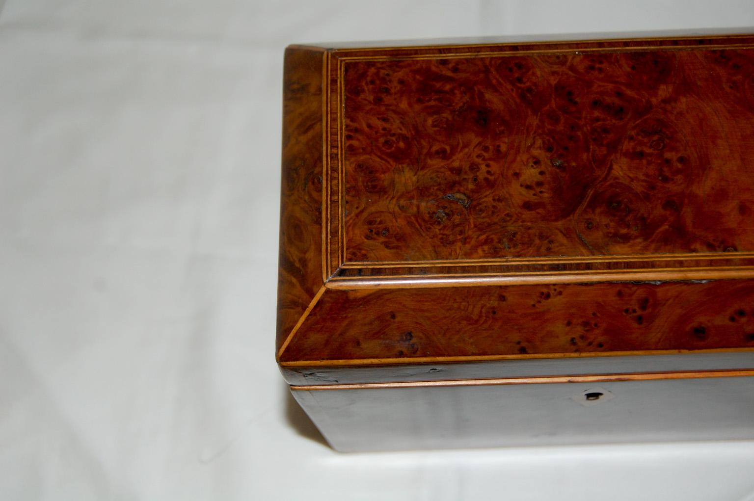 Kingwood English Georgian Burl Yew Double Tea Caddy with Line Inlay and Crossbanding For Sale