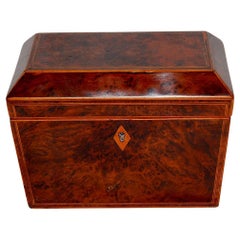 English Georgian Burl Yew Double Tea Caddy with Line Inlay and Crossbanding