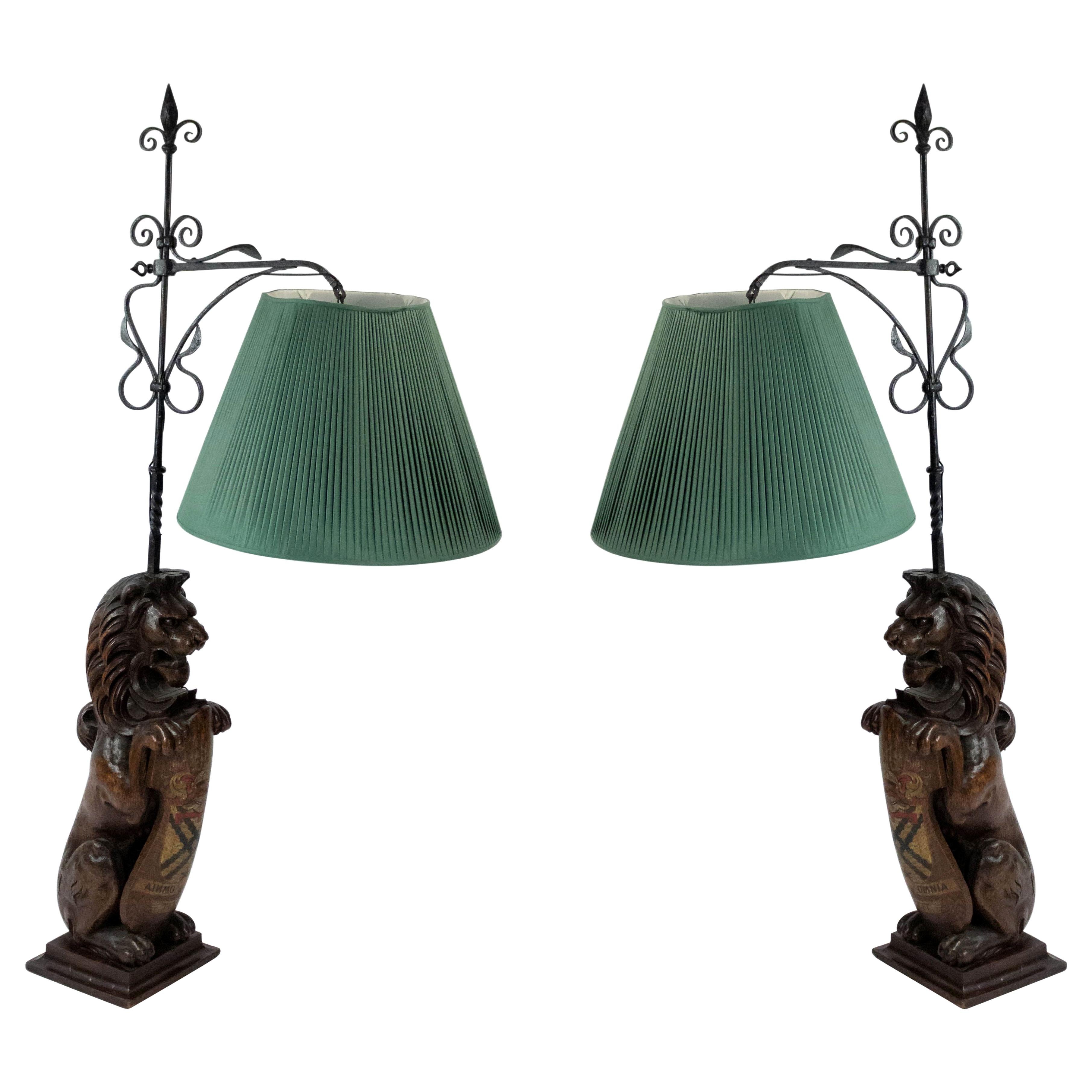 English Georgian Carved Oak Lion Table Lamps For Sale