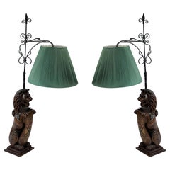 English Georgian Carved Oak Lion Table Lamps