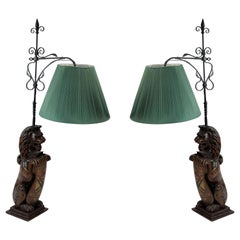 English Georgian Carved Oak Lion Table Lamps