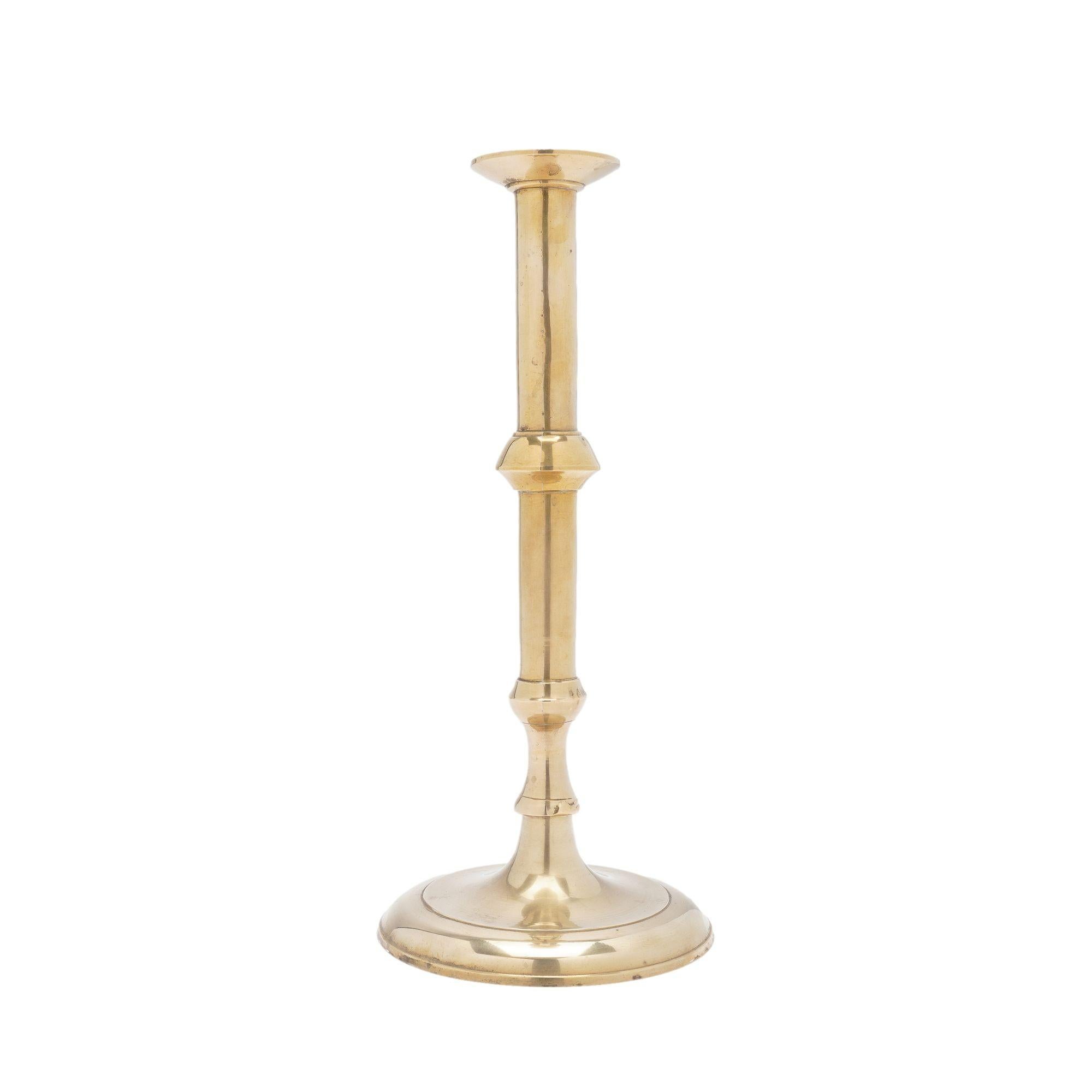 British English Georgian cast brass cannon barrel candlestick, c. 1740 For Sale
