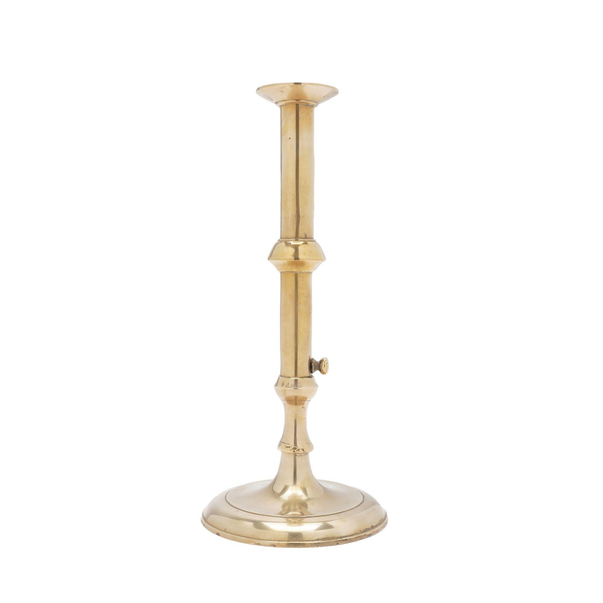 18th Century English Georgian cast brass cannon barrel candlestick, c. 1740 For Sale