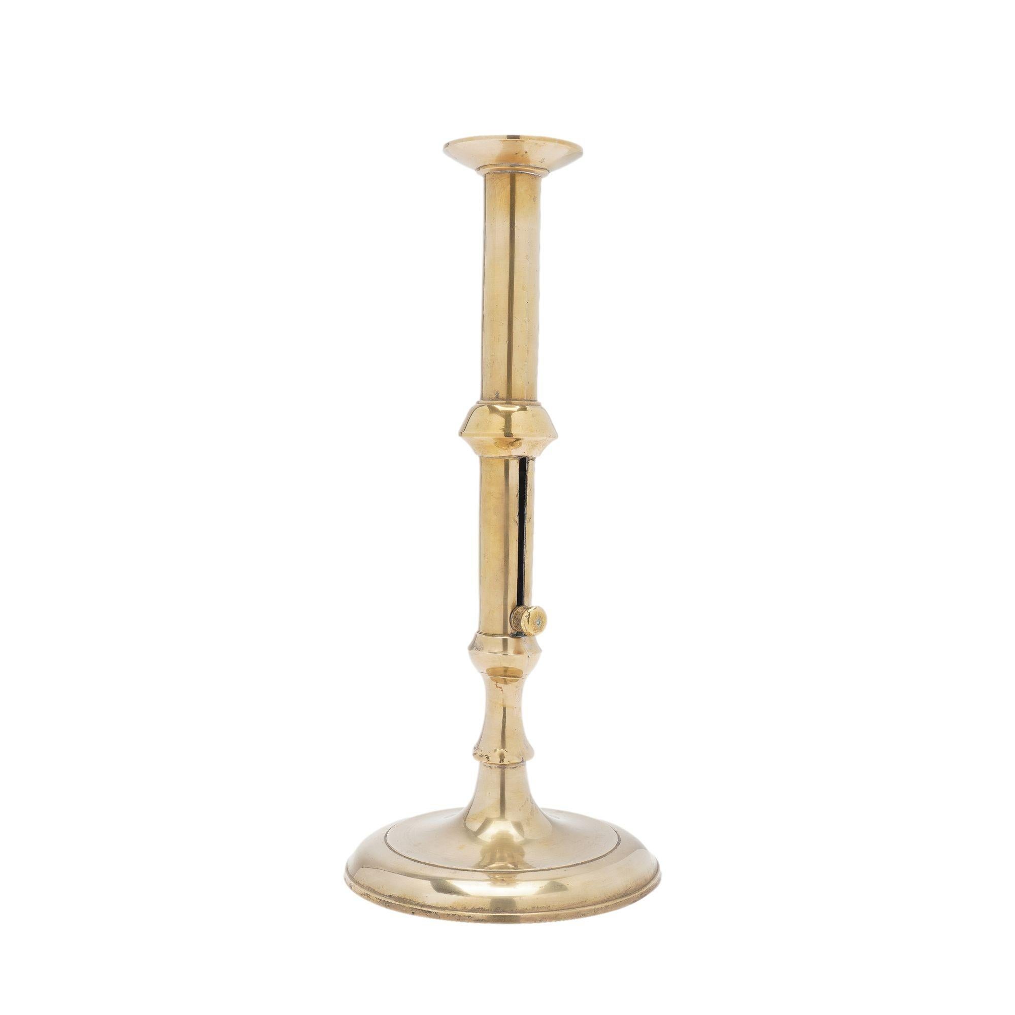 Brass English Georgian cast brass cannon barrel candlestick, c. 1740 For Sale