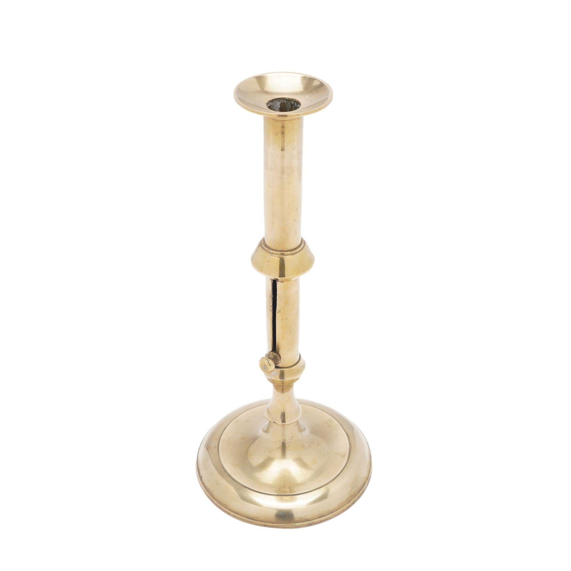 English Georgian cast brass cannon barrel candlestick, c. 1740 For Sale 1