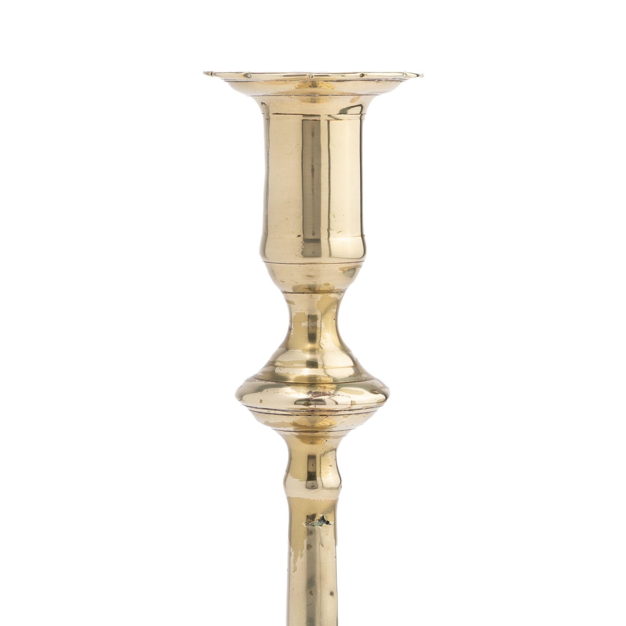 18th Century English Georgian cast brass Queen Anne candlestick, c. 1750 For Sale