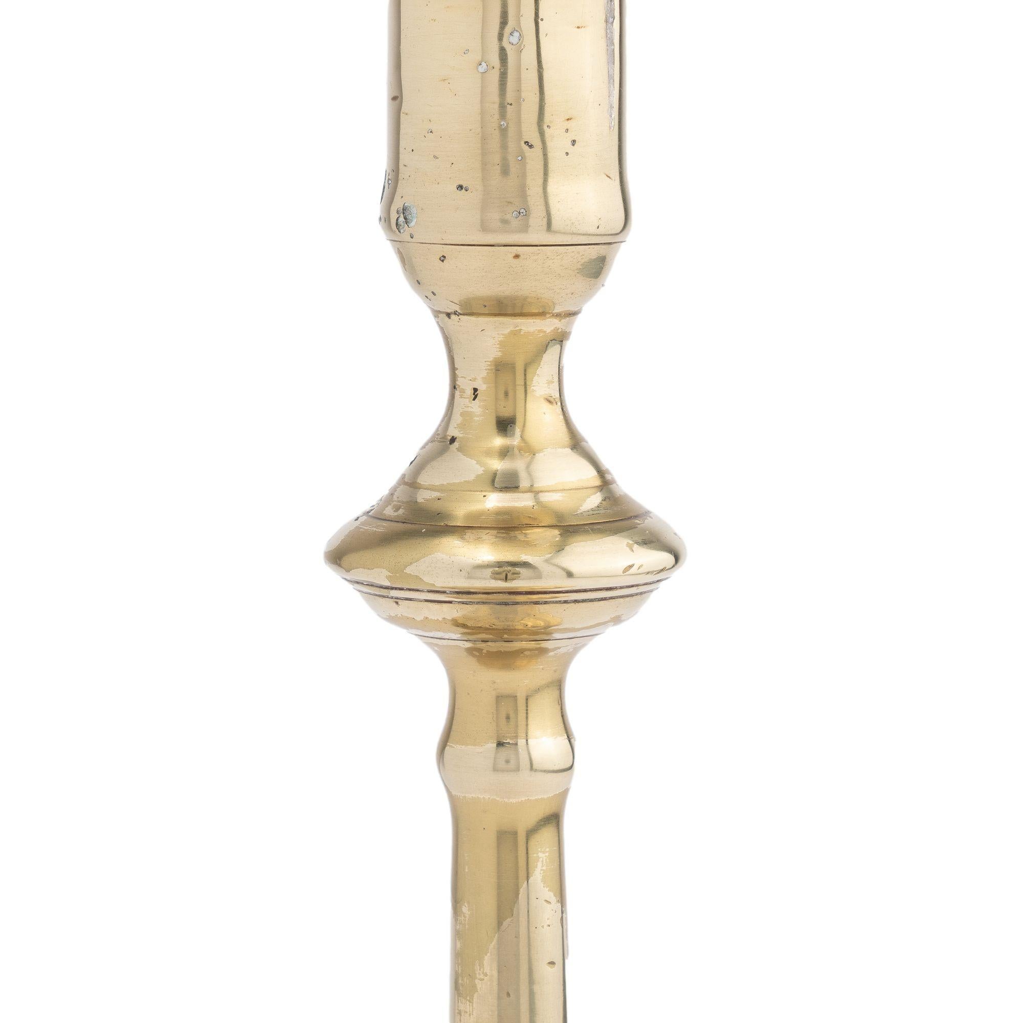 Brass English Georgian cast brass Queen Anne candlestick, c. 1750 For Sale