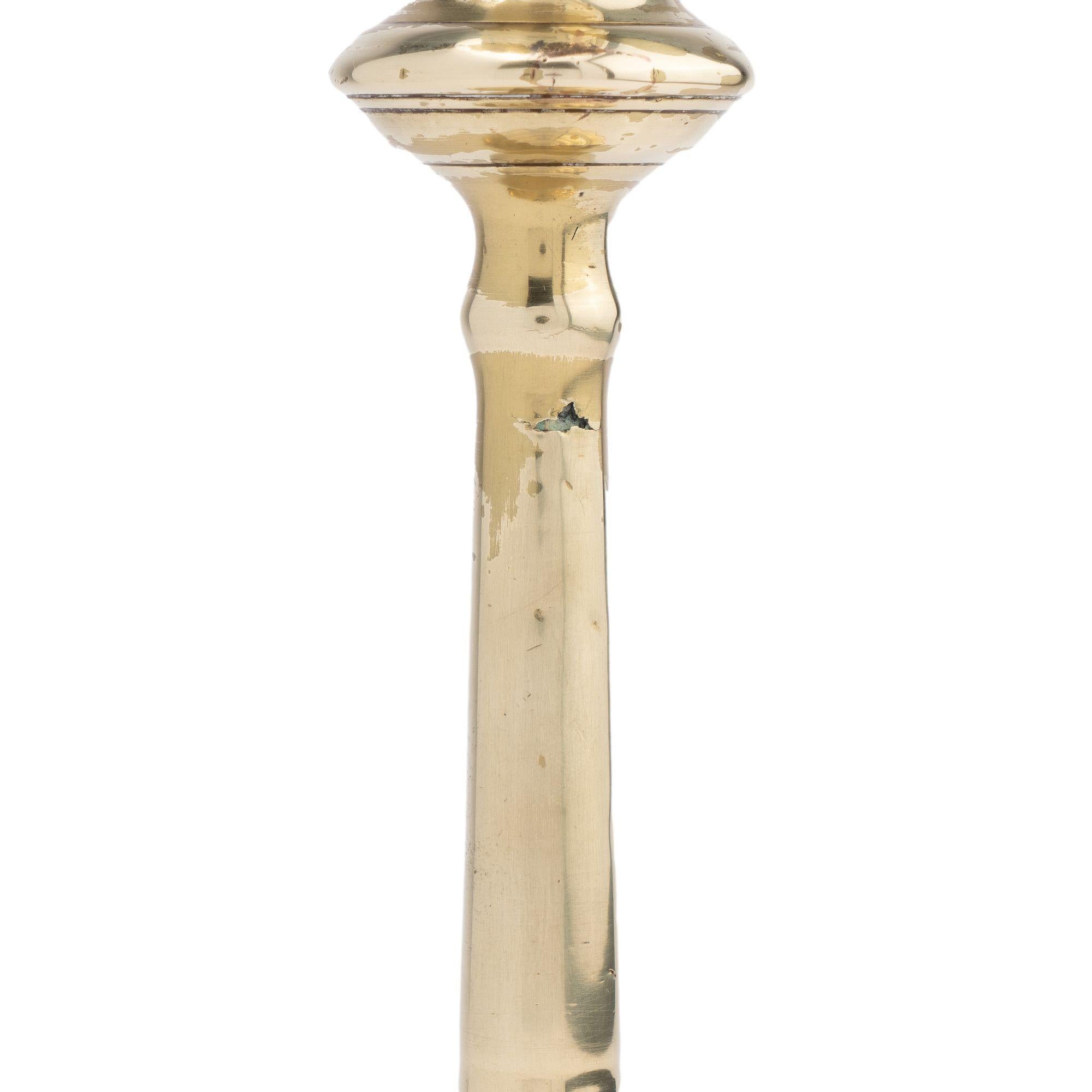 English Georgian cast brass Queen Anne candlestick, c. 1750 For Sale 1